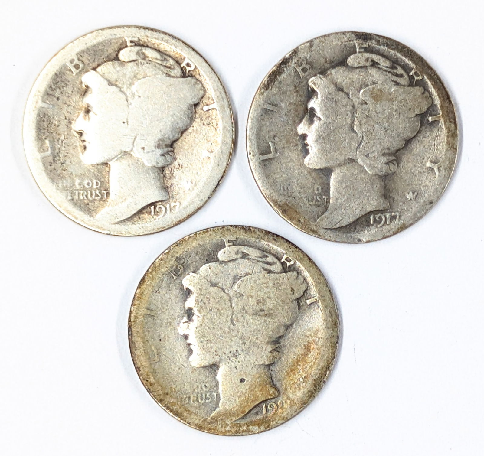 Lot of 3 Silver Mercury Dimes - 1917-P(2), 1917-S: Silver
