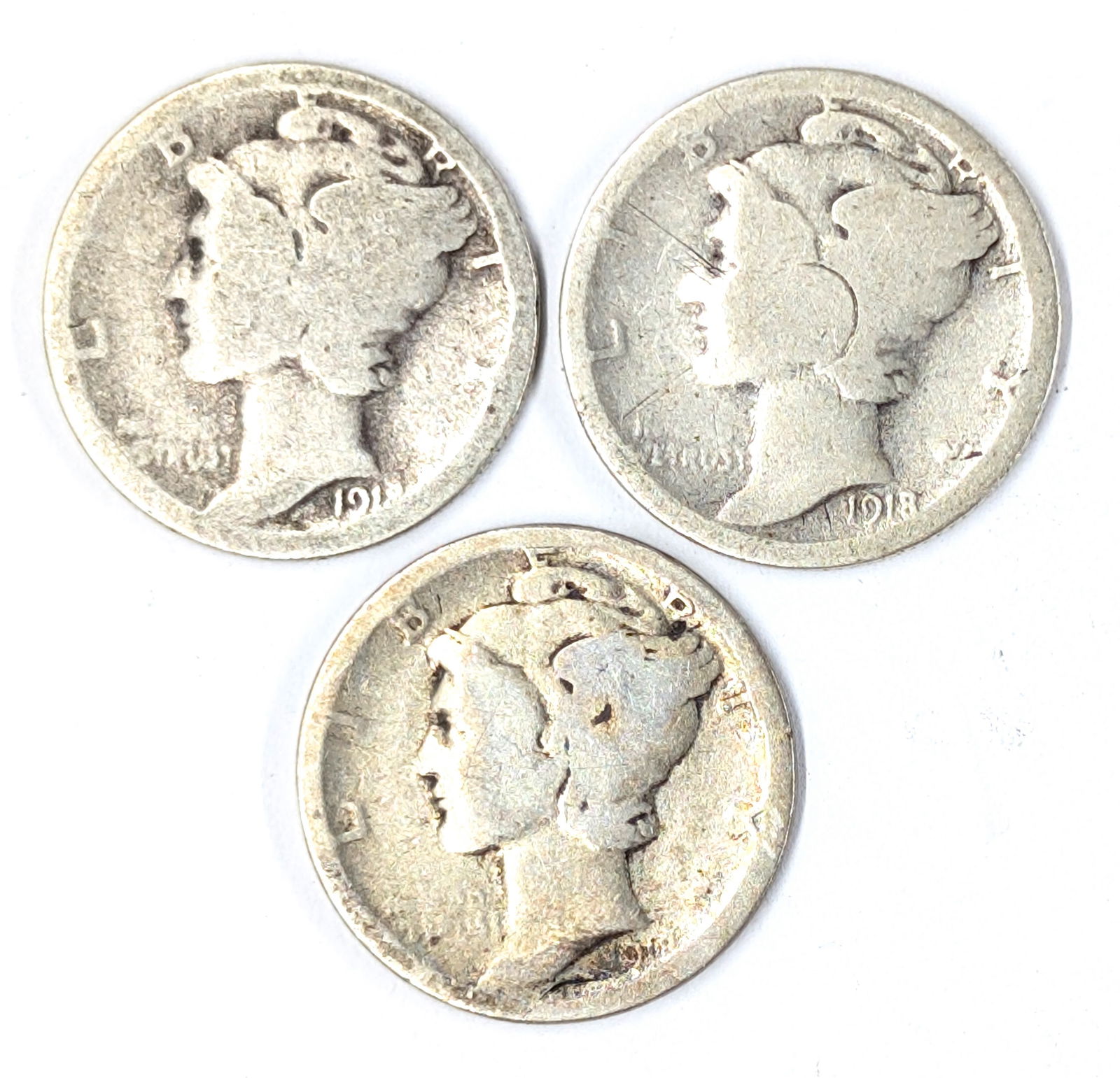 Lot of 3 Silver Mercury Dimes - 1918-P(2), 1918-S (1 of 2)