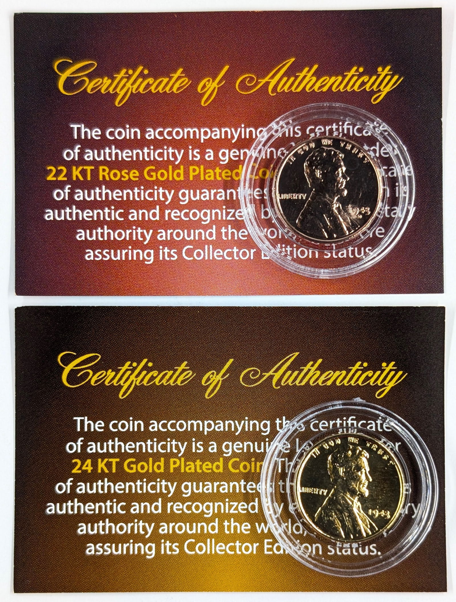 Lot of 2 Uncirculated 1943 Wheat Cents - 24K Gold & 22K Rose Gold plated: Coin