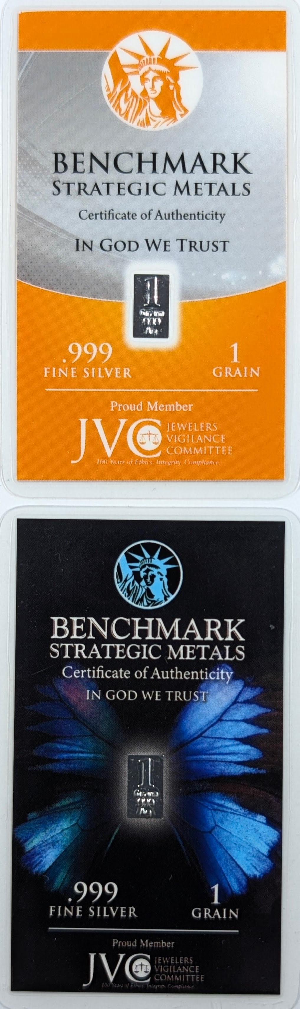 Lot of 2 - 1 Grain (each) .999 Silver Bars - Benchmark Strategic Metals: Silver 