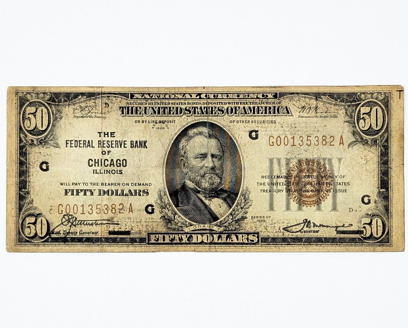 FEATURE 1929 The Federal Reserve Bank of Chicago, IL $50 Note - Gold Seal - Early Serial "00135382" (1 of 2)