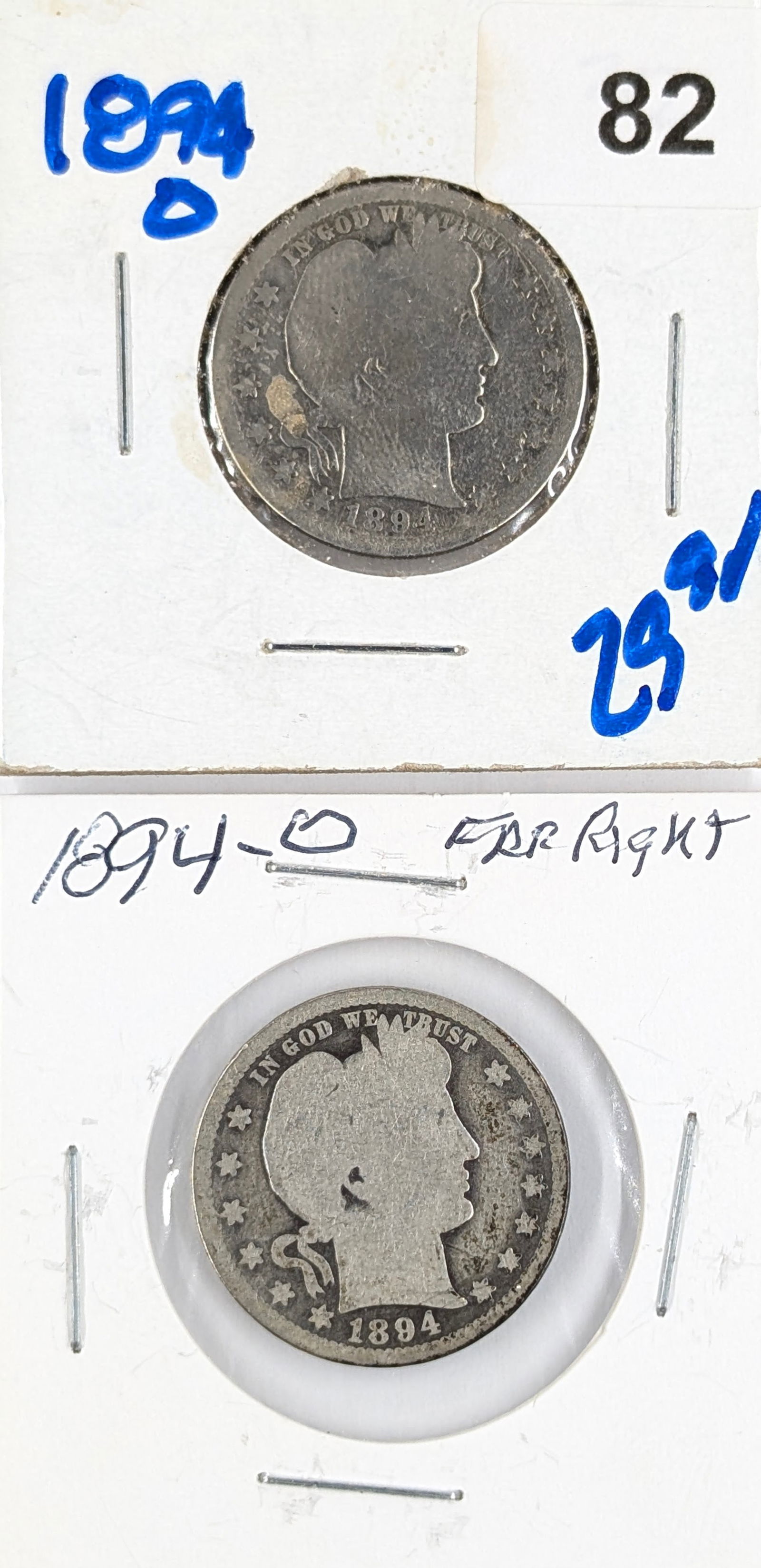 Lot of 2 Silver Barber Quarters - Both 1894-O (1 of 2)