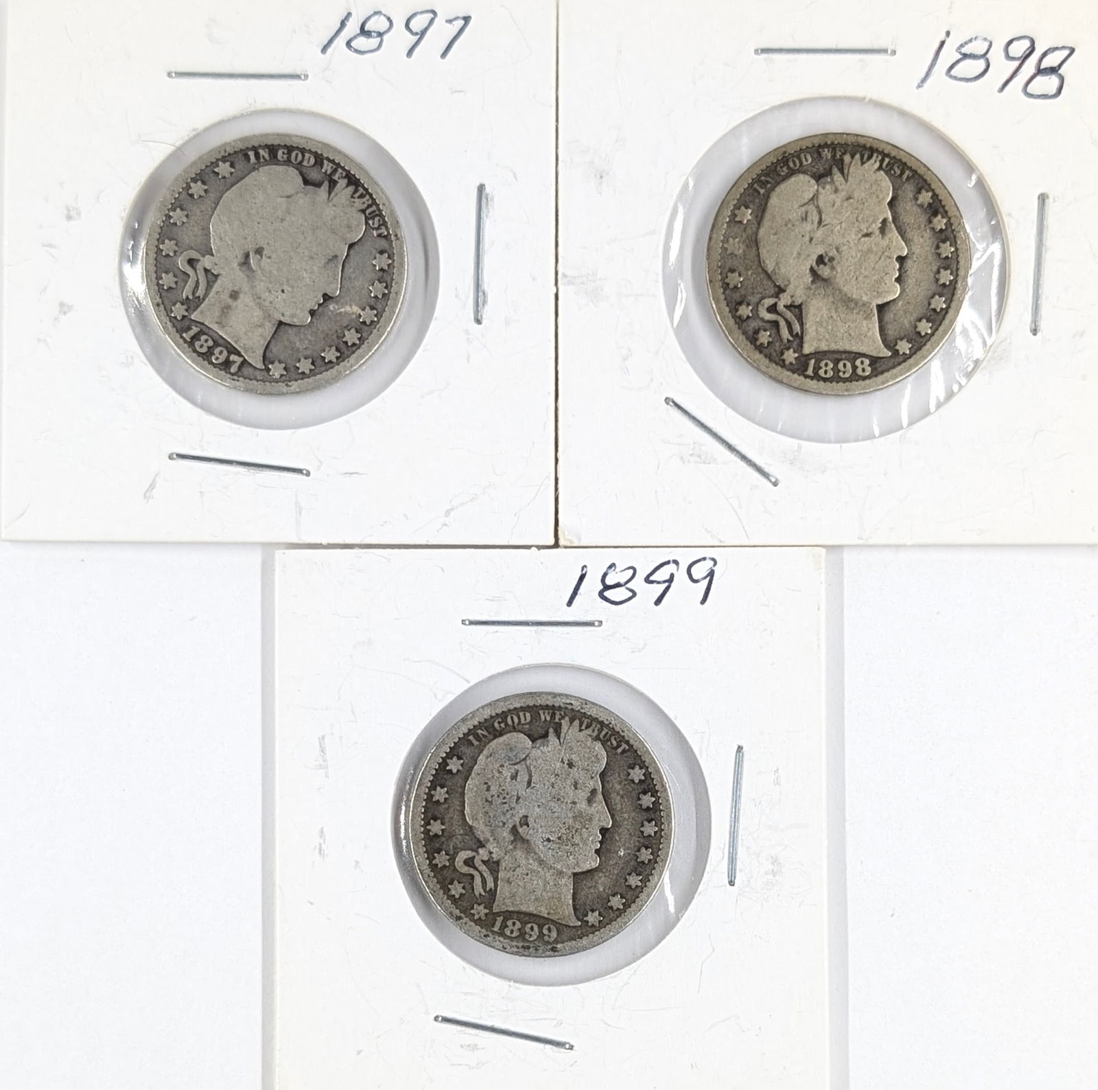 Lot of 3 Silver Barber Quarters - 1897, 1898, 1899 (1 of 2)