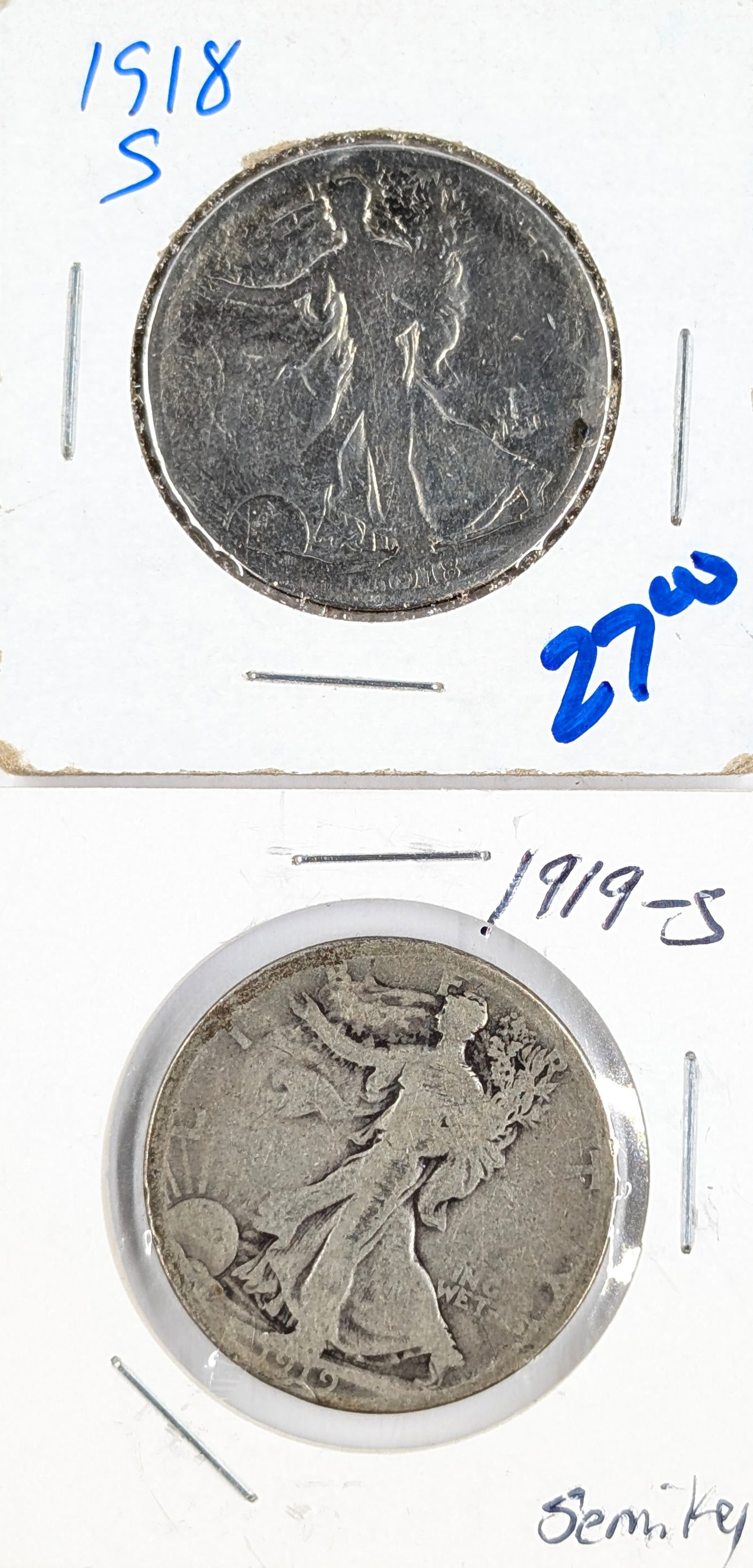 Lot of 2 Silver Walking Liberty Half Dollars - 1918-S, 1919-S - KEY DATES: Silver 