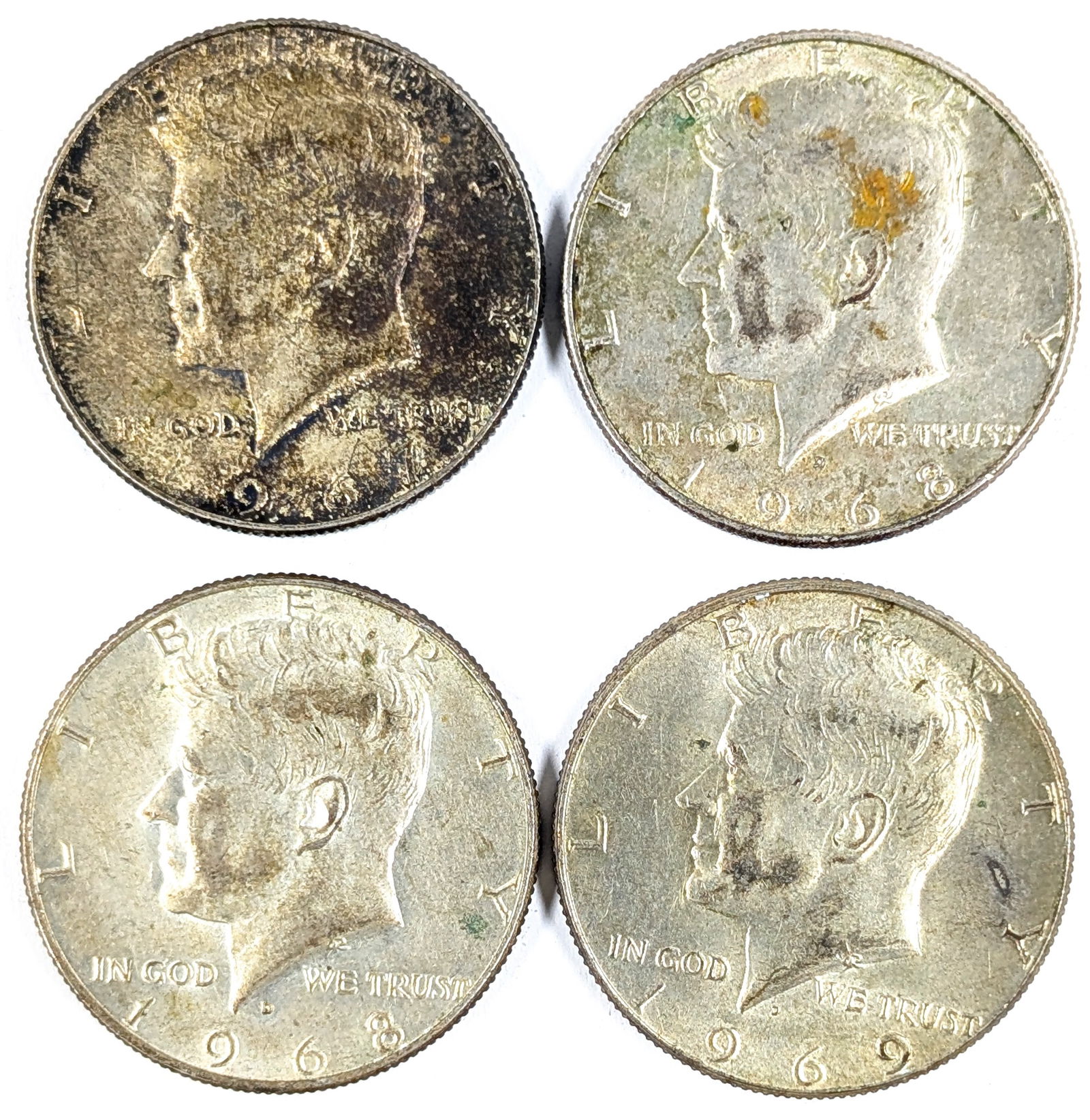 Lot of 4 Silver John F Kennedy Half Dollars - 1967-1969 (1 of 2)