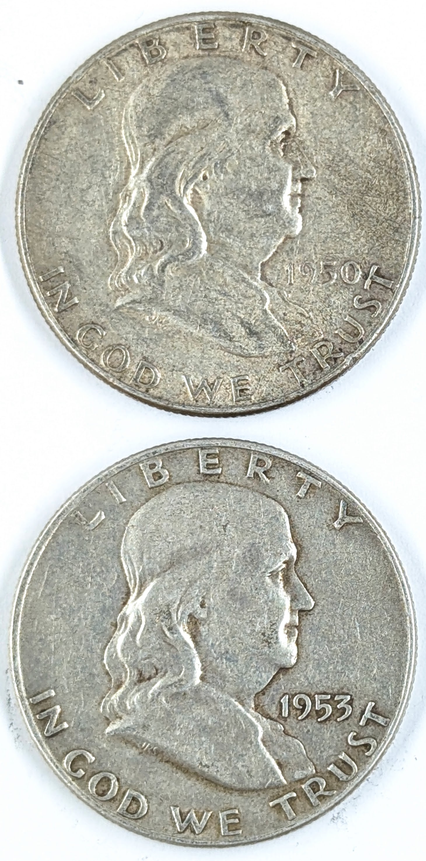 Lot of 2 Silver Franklin Half Dollars - 1950, 1953-D (1 of 2)