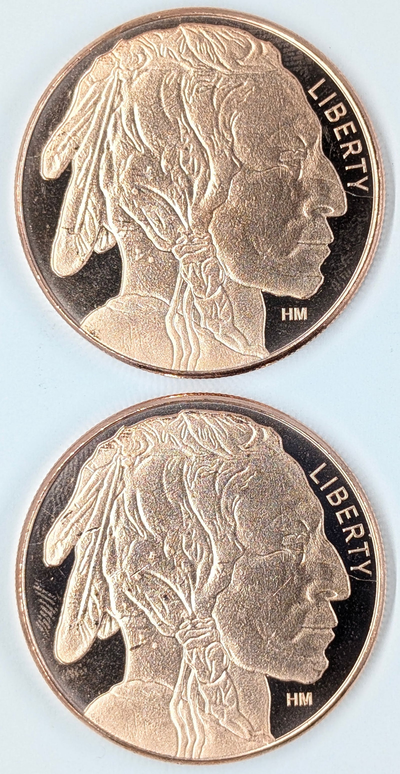 Lot of 2 - 1 Ounce (each) Fine .999 Copper Rounds - Indian Head: Copper 