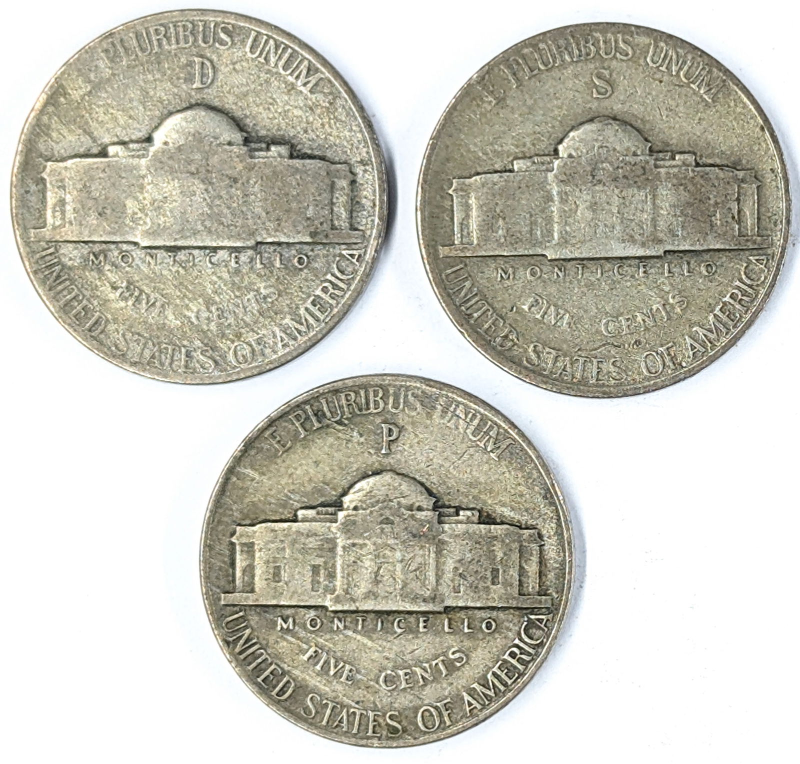 Lot of 3 Silver War Nickels - 1944 P/D/S - 2