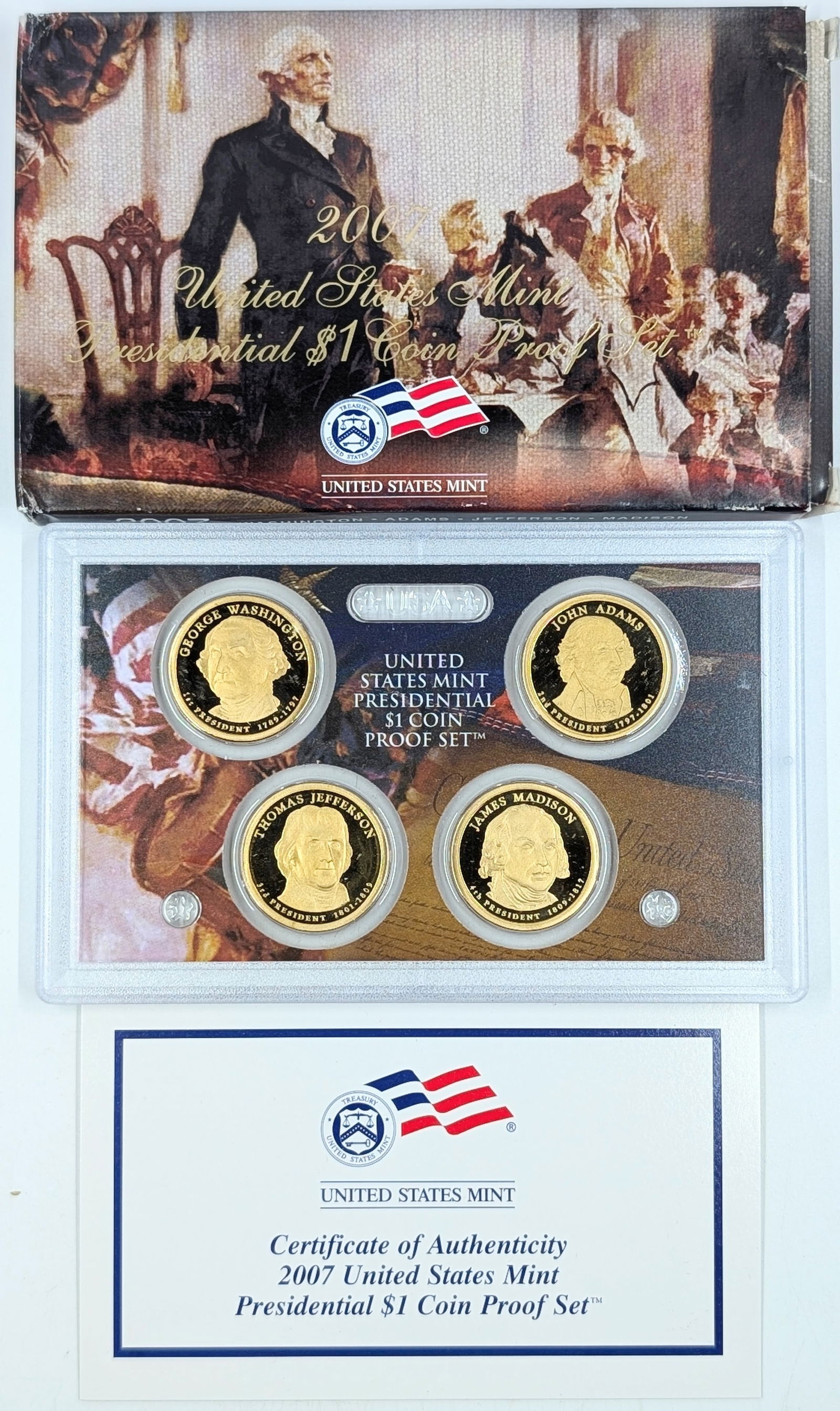 2007 US Mint Presidential $1 Coin Proof Set w/ Washington, Adams, Jefferson, Madison (1 of 2)
