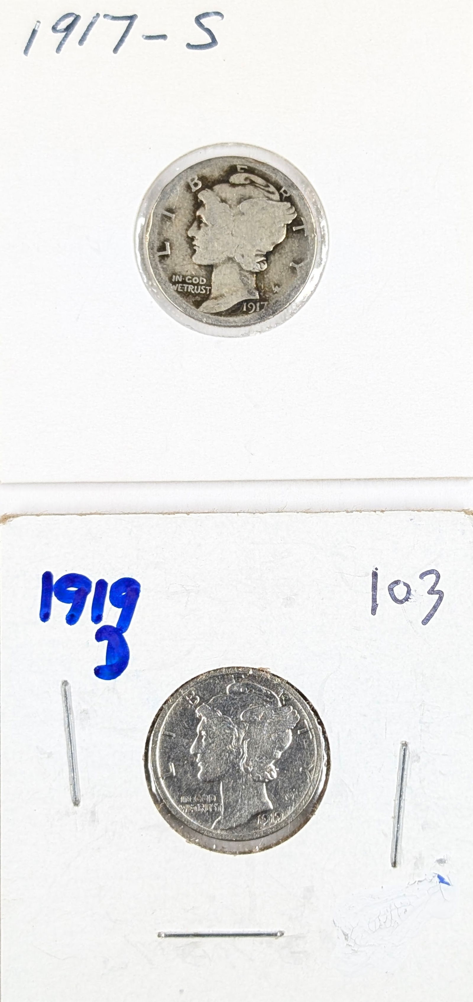Lot of 2 Silver Mercury Dimes - 1917-S, 1919-D (1 of 2)