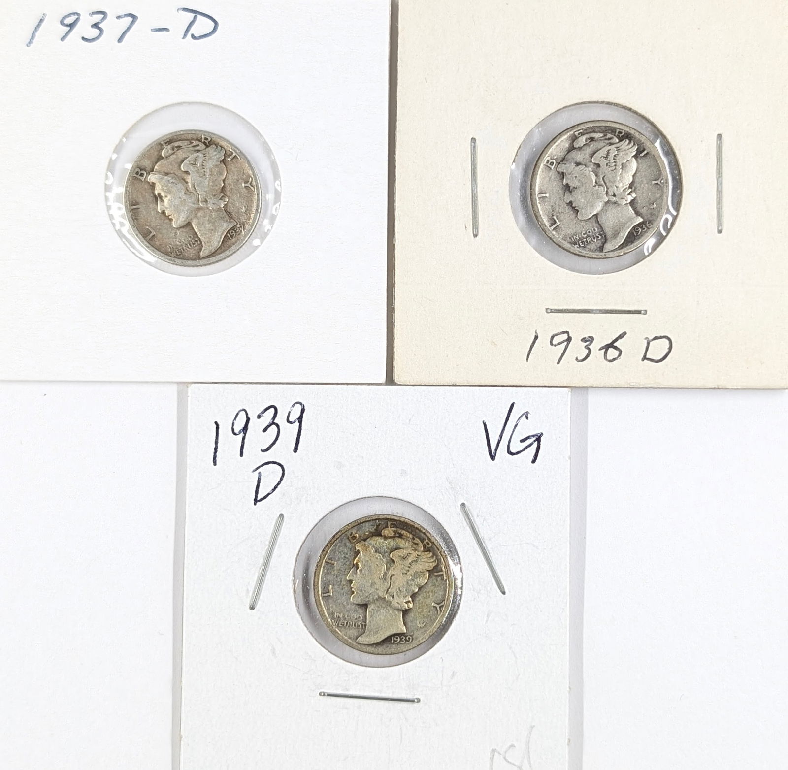 Lot of 3 Silver Mercury Dimes - 1936-D, 1937-D, 1939-D (1 of 2)