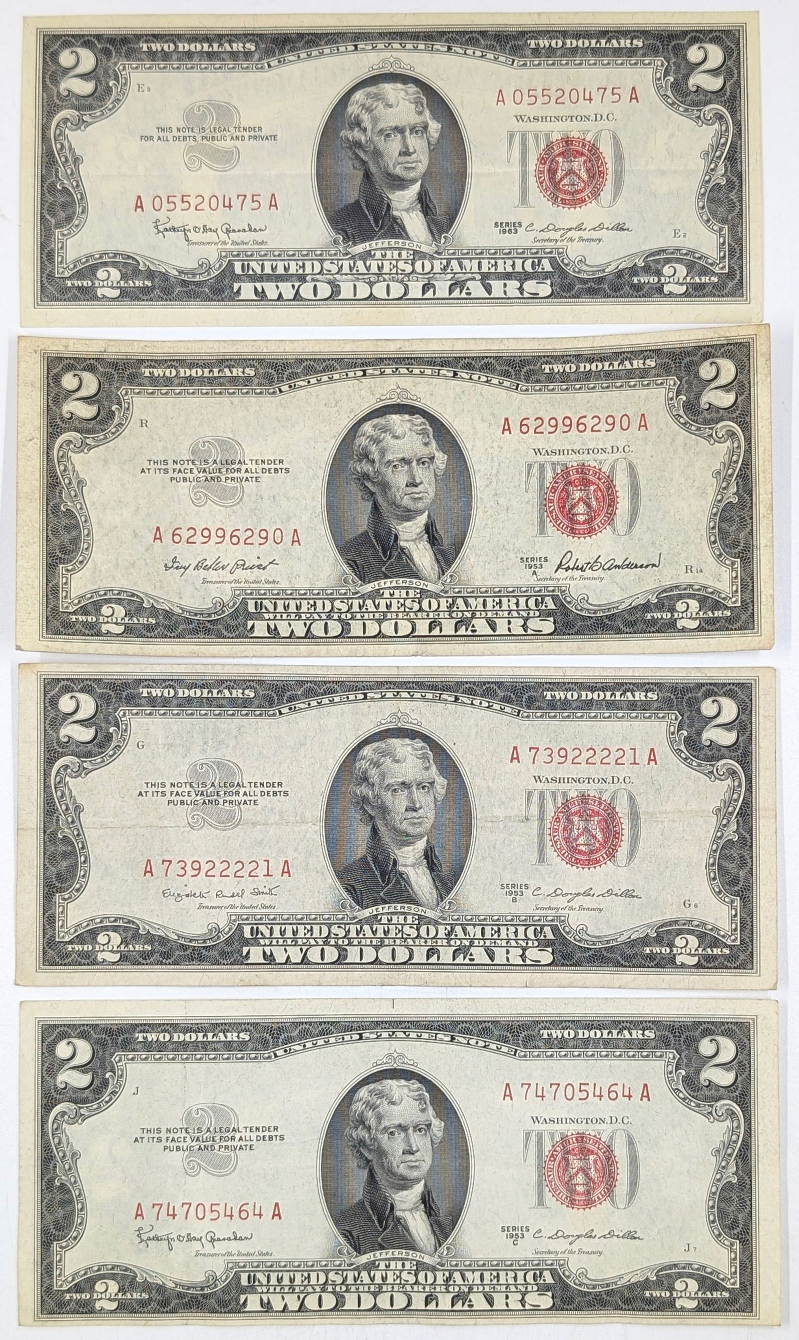 Lot of 4 - $2 Notes - Red Seals - 1953 A/B/C, 1963: Currency