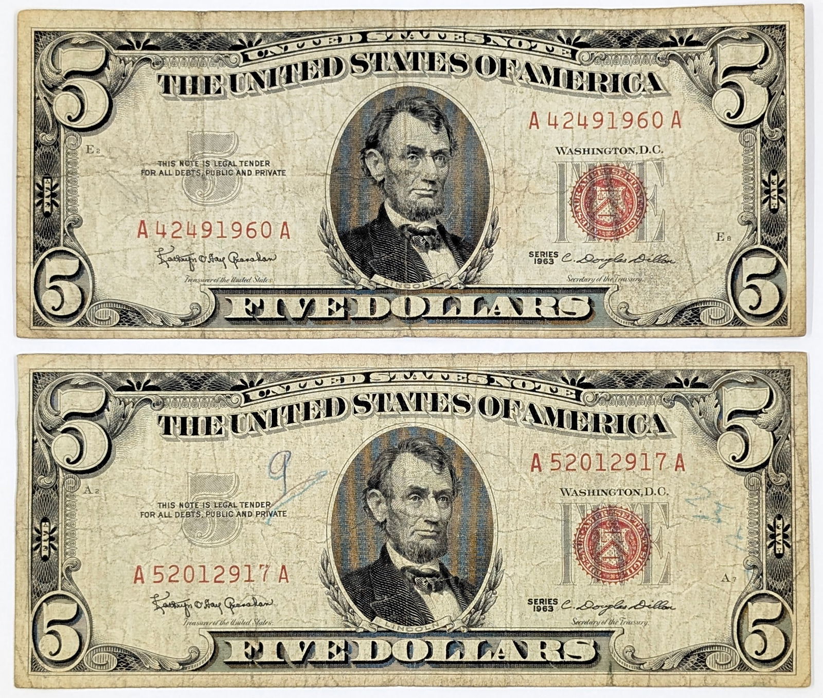 Lot of 2 - 1963 $5 Notes - Red Seals (1 of 2)