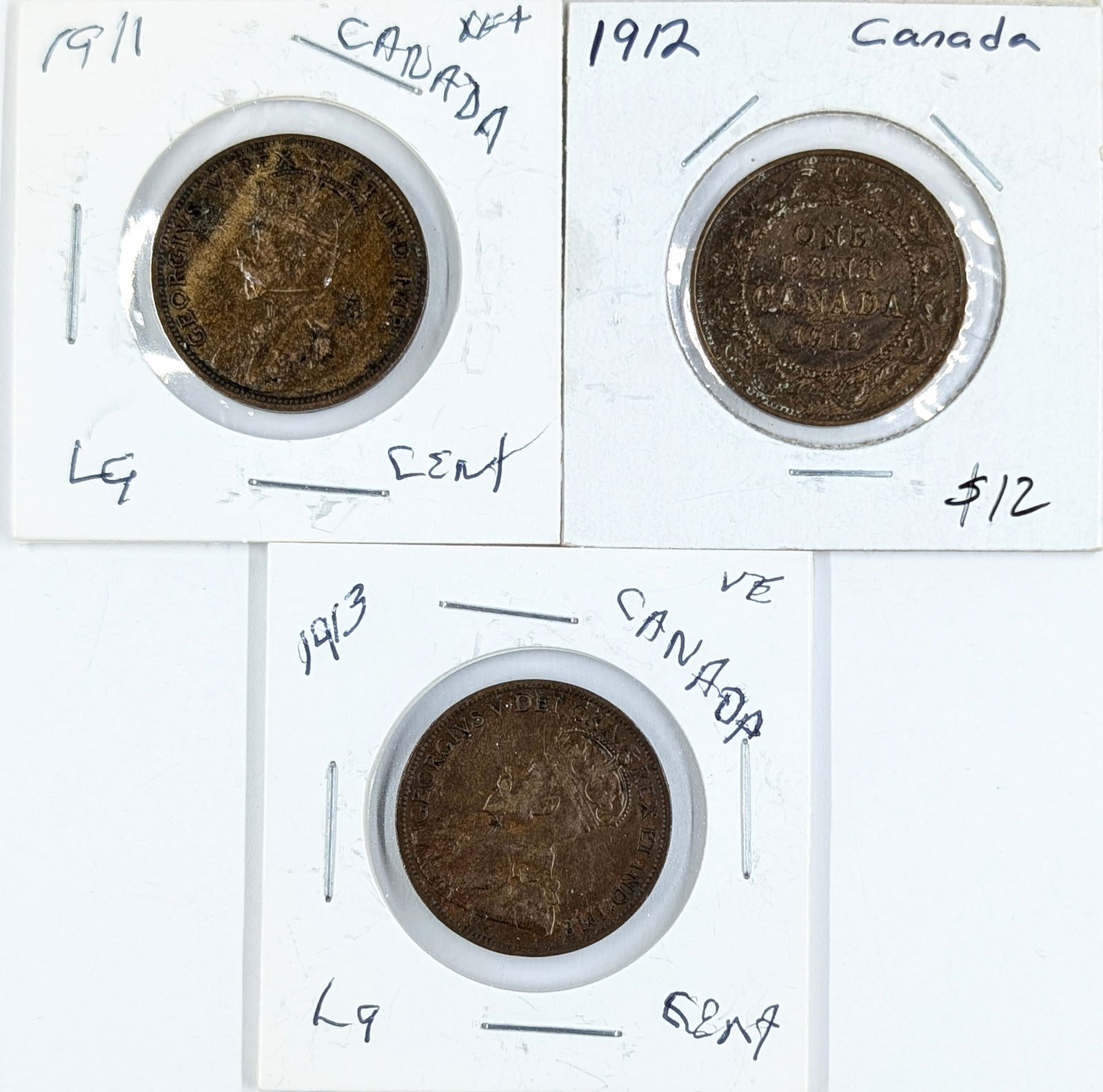 Lot of 3 Canadian Cents - 1911, 1912, 1913 (1 of 2)