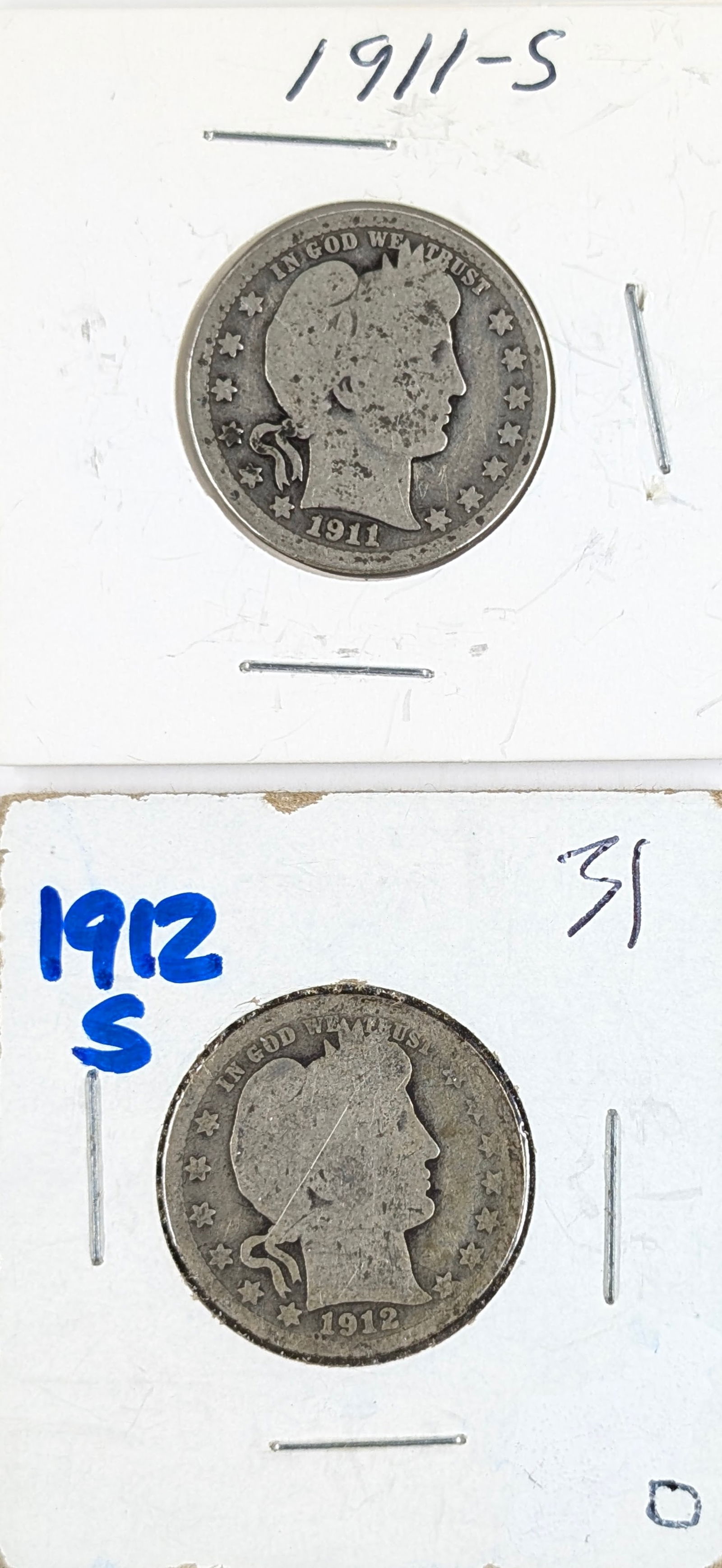 Lot of 2 Silver Barber Quarters - 1911-S, 1912-S: Silver 