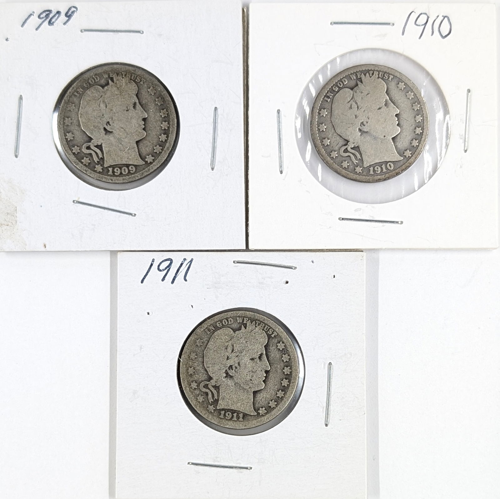 Lot of 3 Silver Barber Quarters - 1909, 1910, 1911 (1 of 2)