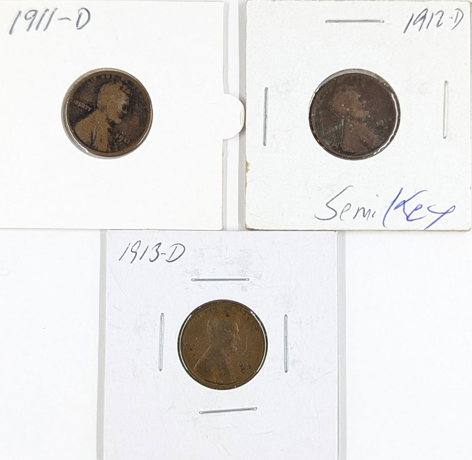 Lot of 3 Wheat Cents - 1911-D, 1912-D, 1913-D - 1912-D Semi-Key (1 of 2)