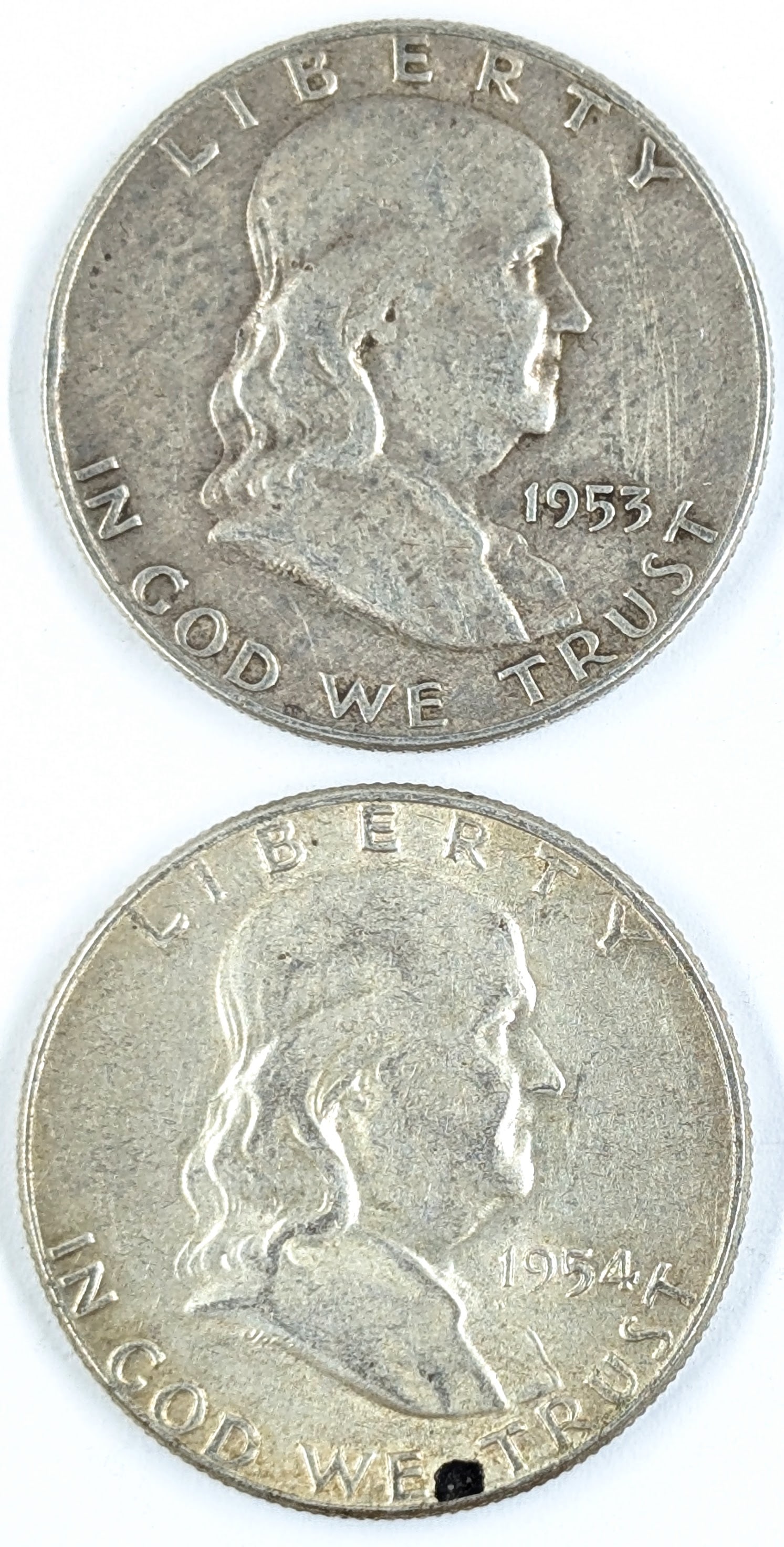 Lot of 2 Silver Franklin Half Dollars - 1953-D, 1954 (1 of 2)