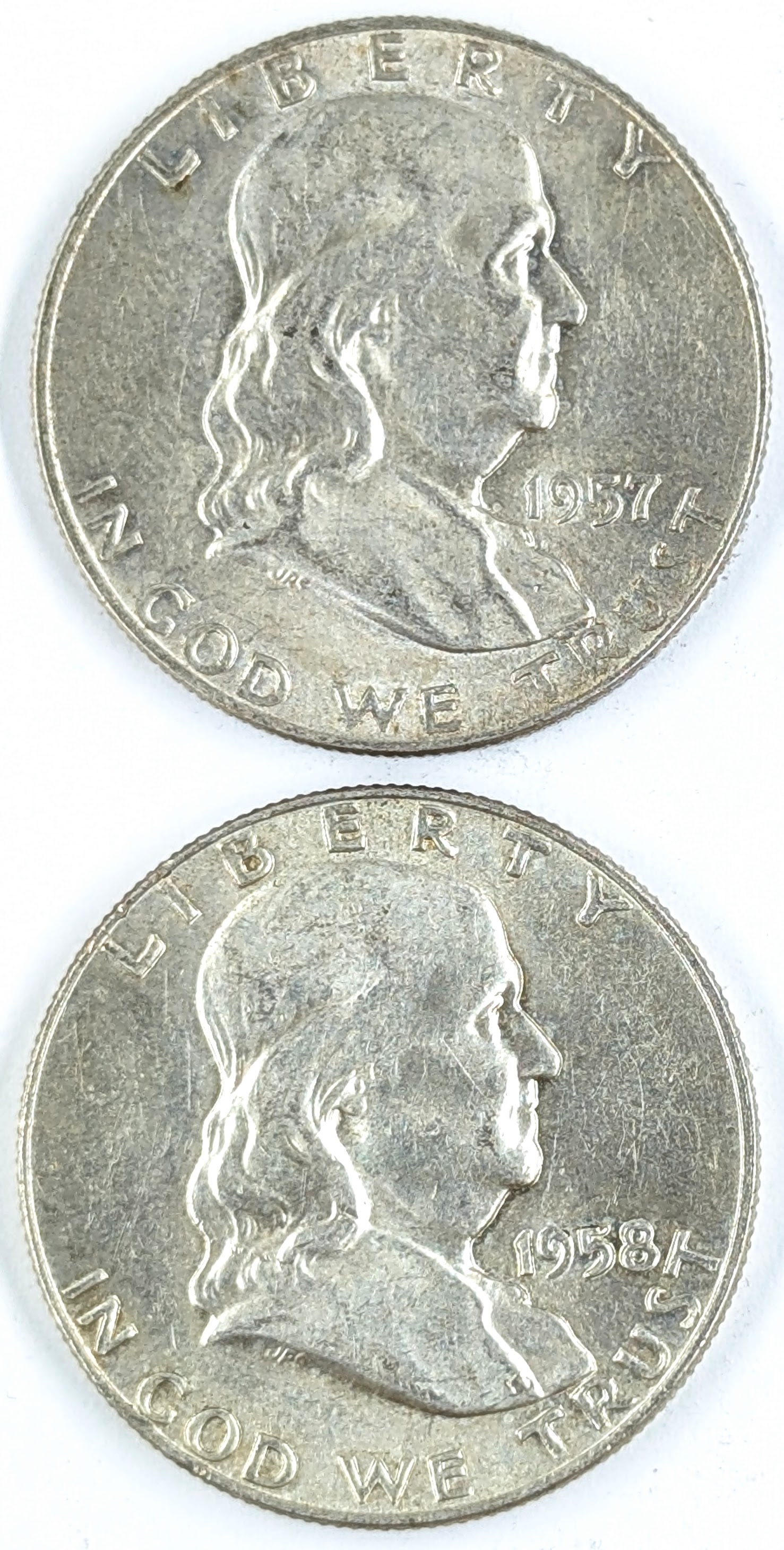 Lot of 2 Silver Franklin Half Dollars - 1957-D, 1958-D (1 of 2)