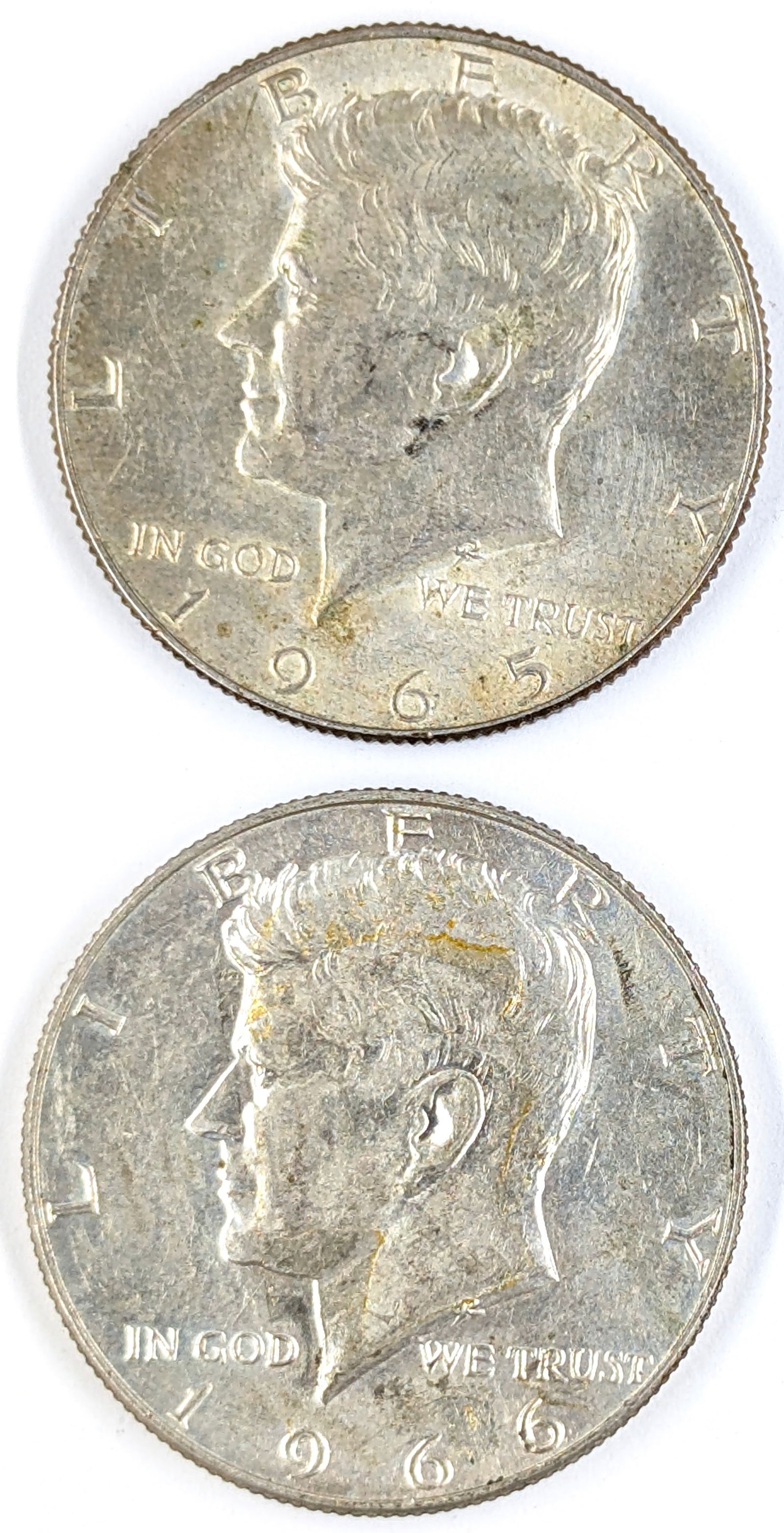 Lot of 2 Silver John F Kennedy Half Dollars - 1965, 1966 (1 of 2)