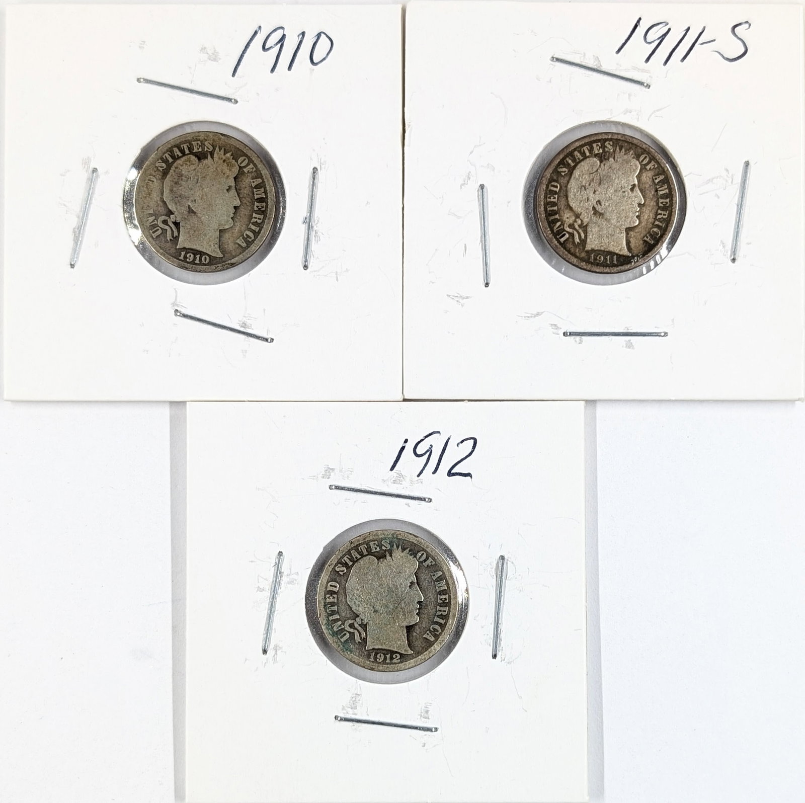 Lot of 3 Silver Barber Dimes - 1910, 1911-S, 1912 (1 of 2)