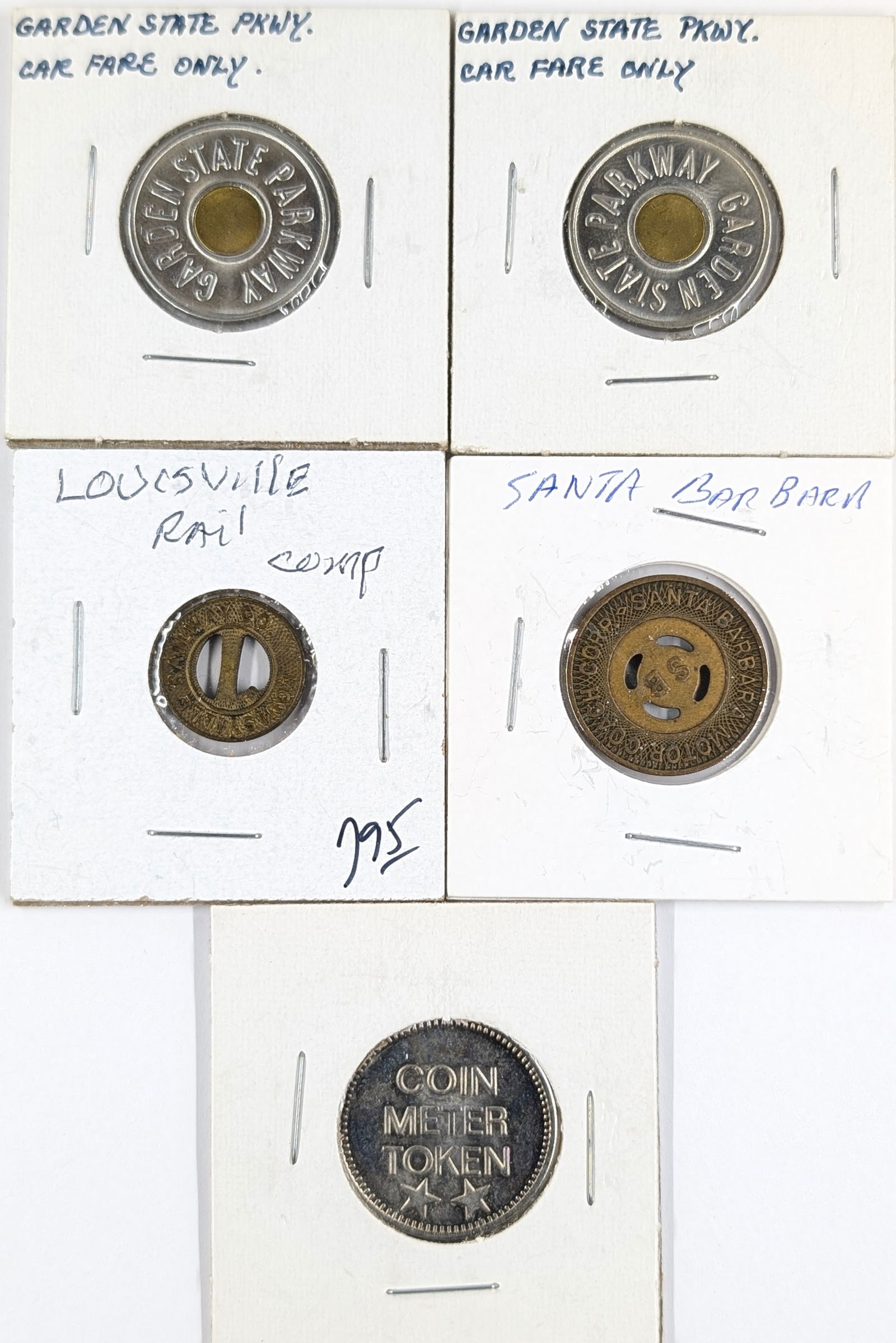 Lot of 5 Commemorative Tokens - Garden State Parkway, Santa Barbara Motor Coach, etc.: Commemorative 