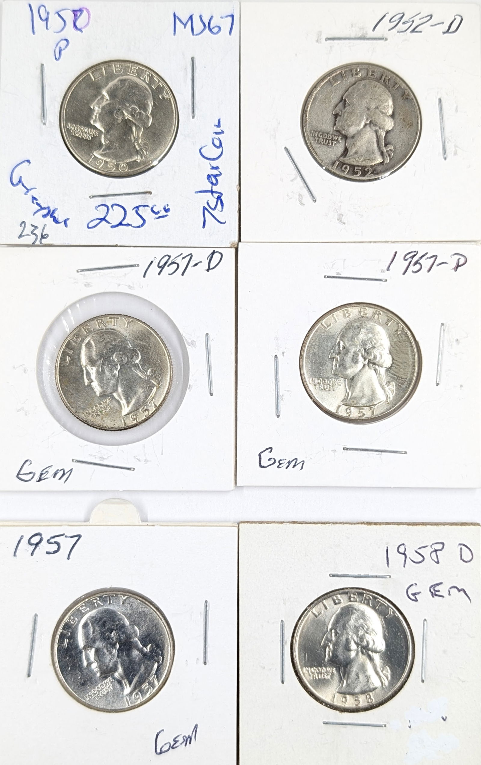 Lot of 6 Silver Washington Quarters - 1950-1958 (1 of 2)