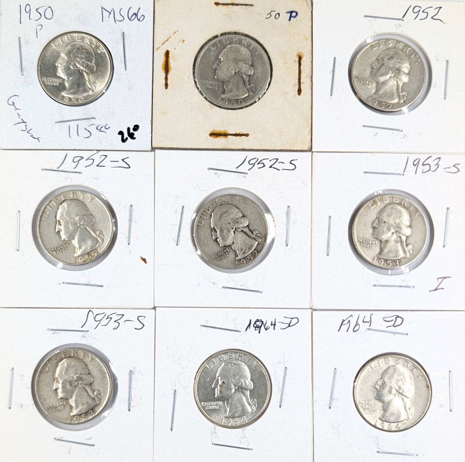 Lot of 9 Silver Washington Quarters - 1950-1964 (1 of 2)