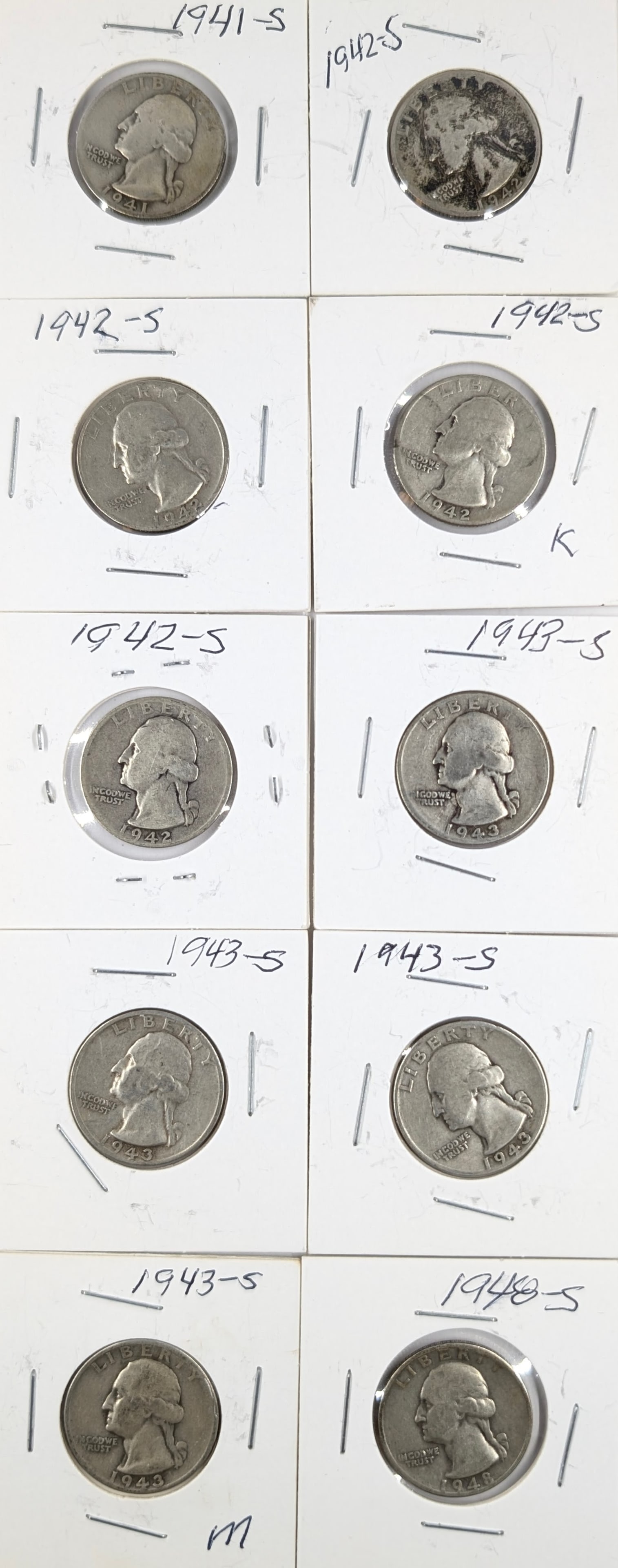 Lot of 10 Silver Washington Quarters - 1941-1948 (1 of 2)