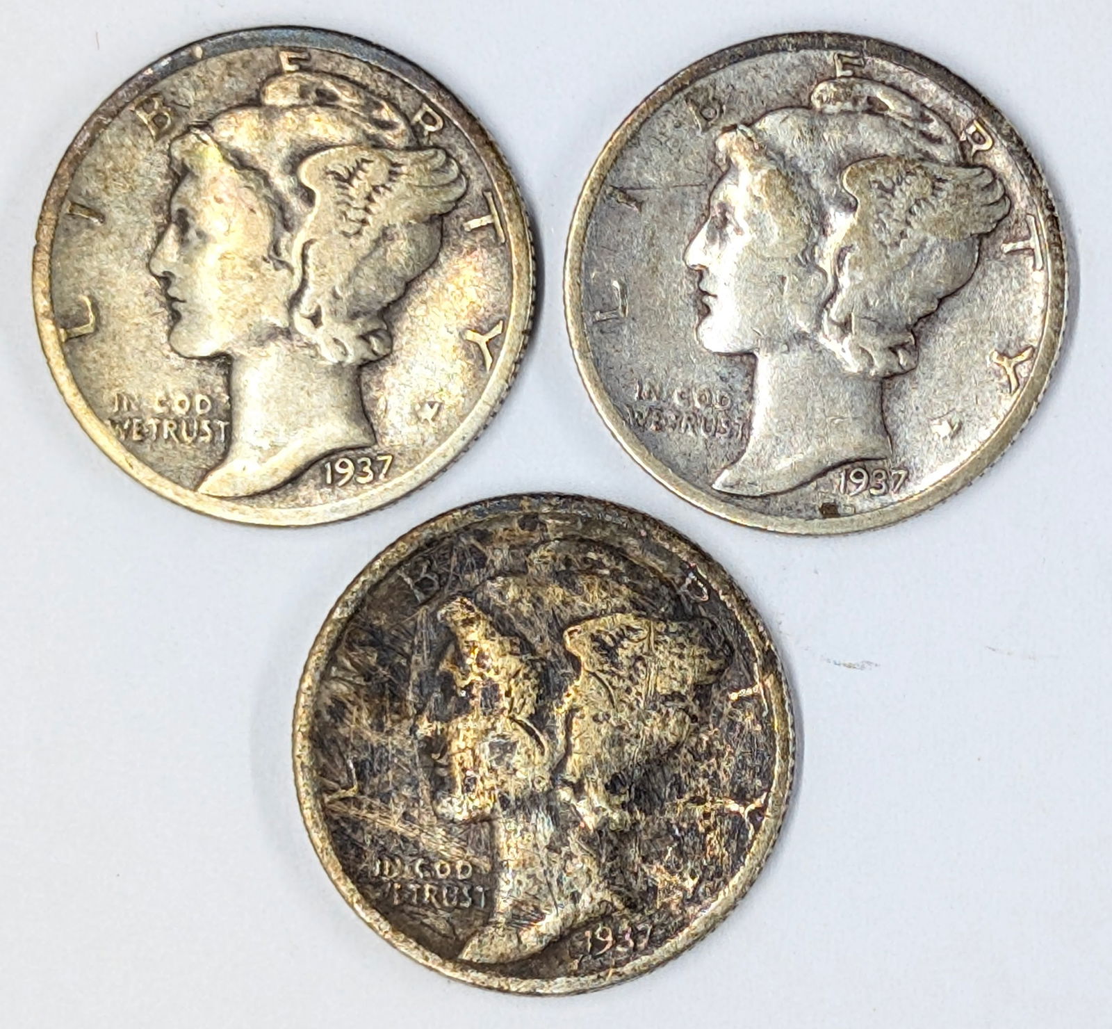 Lot of 3 Silver Mercury Dimes - 1937 P/D/S (1 of 2)