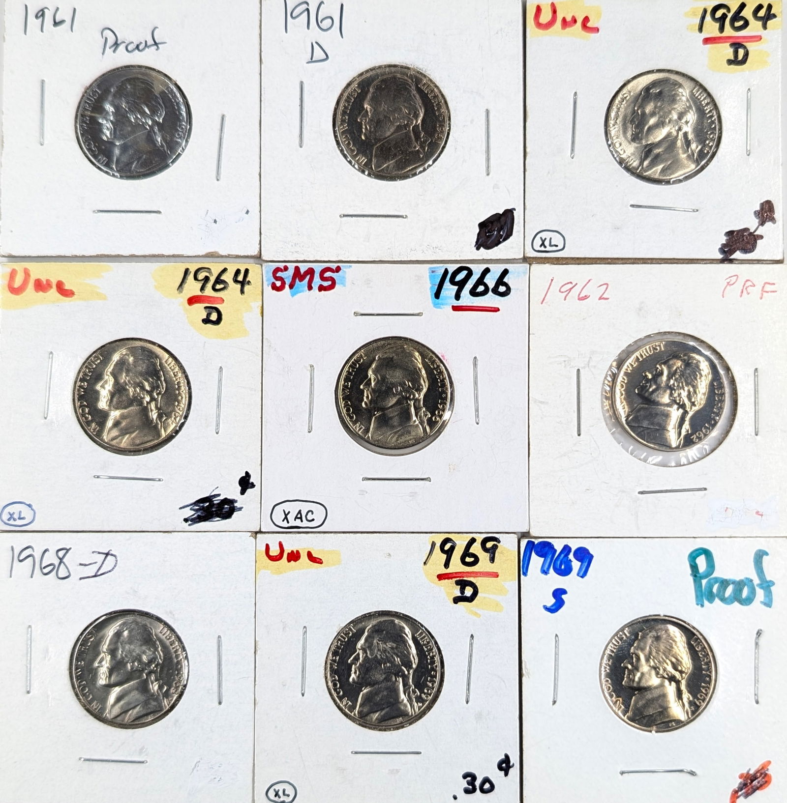 Lot of 9 Jefferson Nickels - 1961-1969 - Many Uncirculated & Proofs (1 of 2)