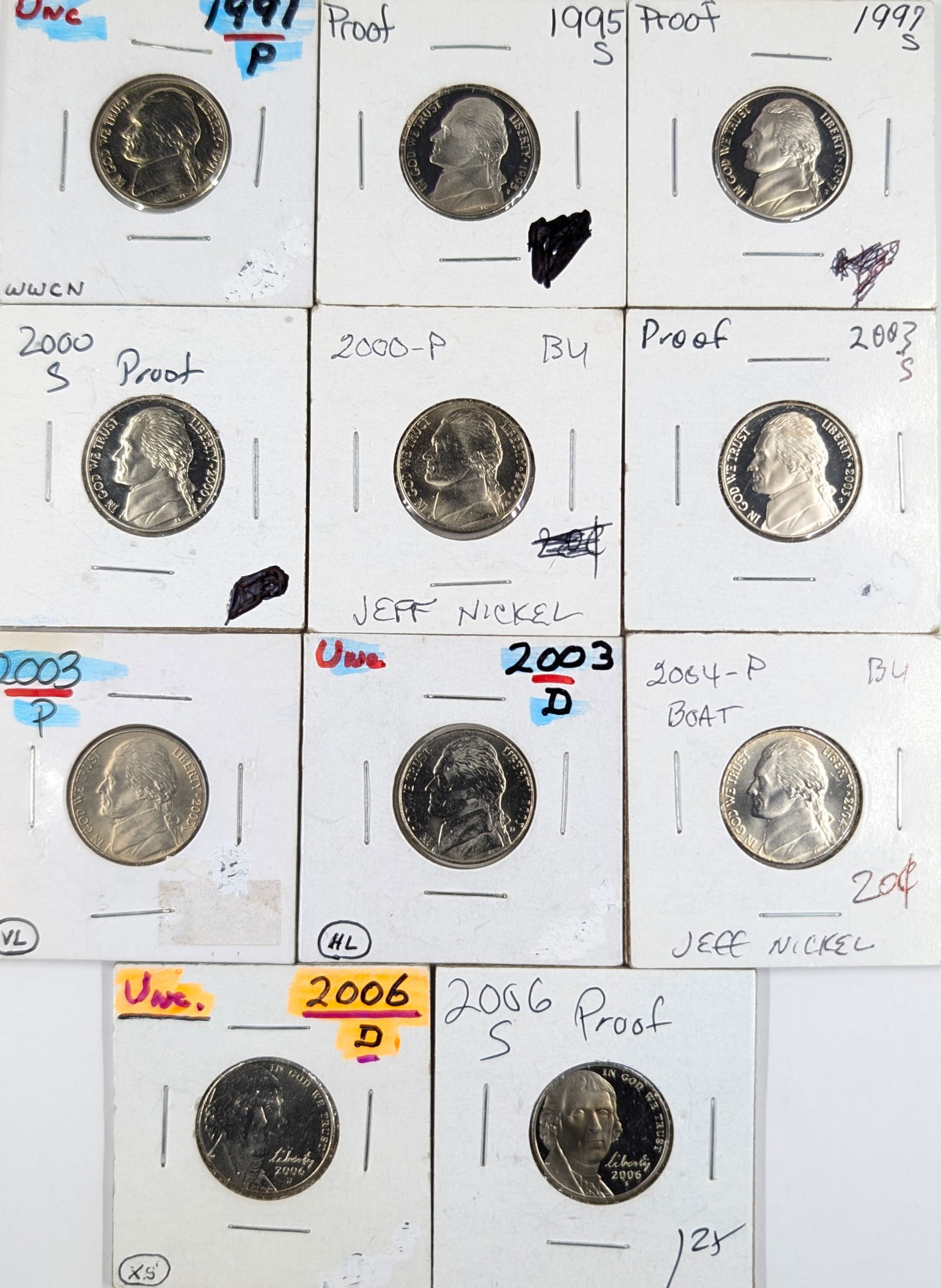 Lot of 11 Jefferson Nickels - 1991-2003 - Many Uncirculated & Proofs (1 of 2)