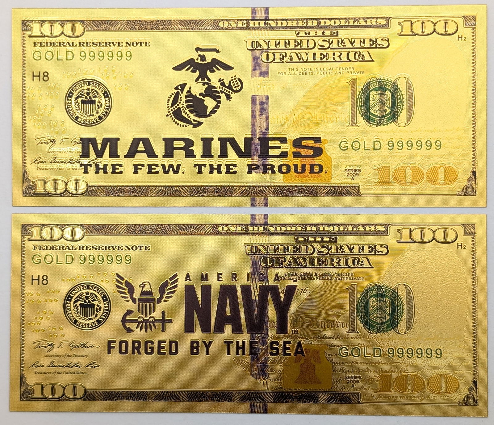 Lot of 2 Navy/Marines Gold foil $100 design: Goldfoil 
