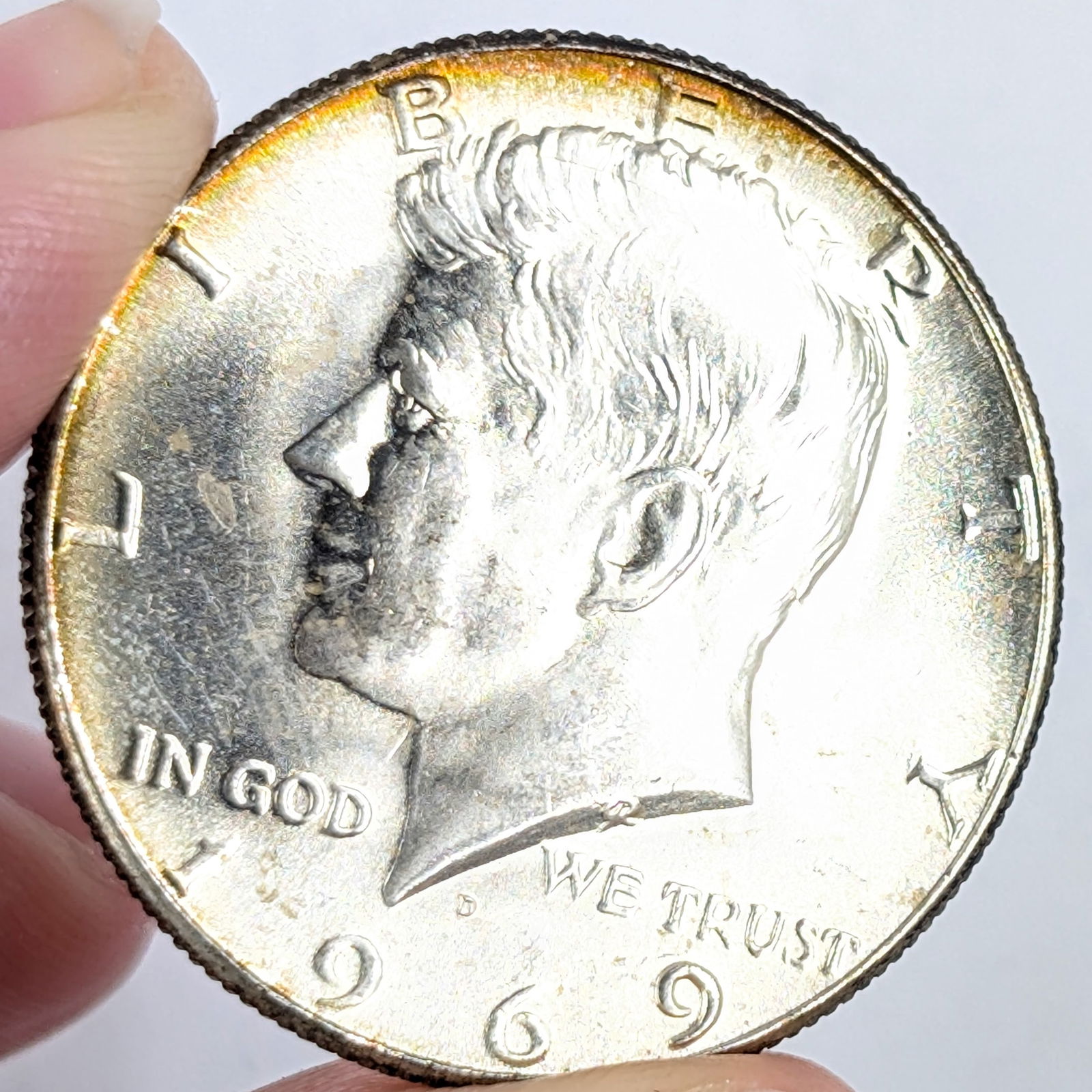 1969-D Silver John F Kennedy Half Dollar 40% Silver- Uncirculated, Toning on the Rim - 3