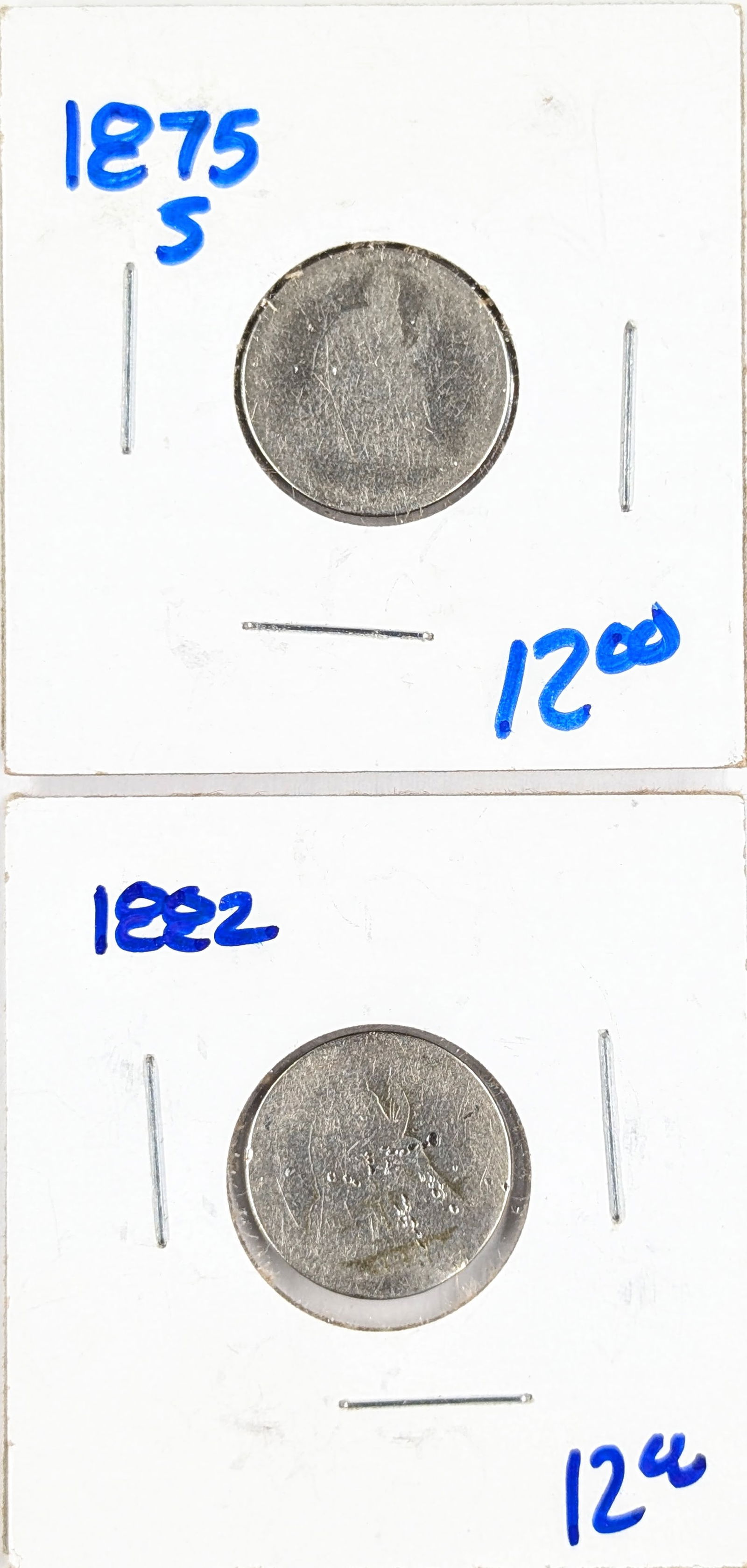Lot of 2 Silver Seated Liberty Dimes- 1875-S, 1882 (1 of 2)
