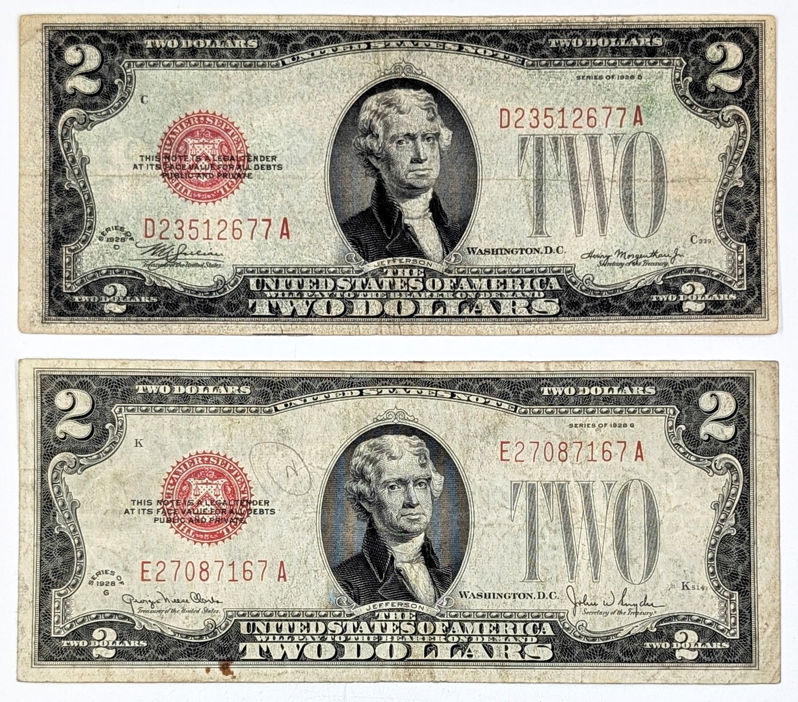 Lot of 2 1928 $2 Notes- Red Seals (1 of 2)
