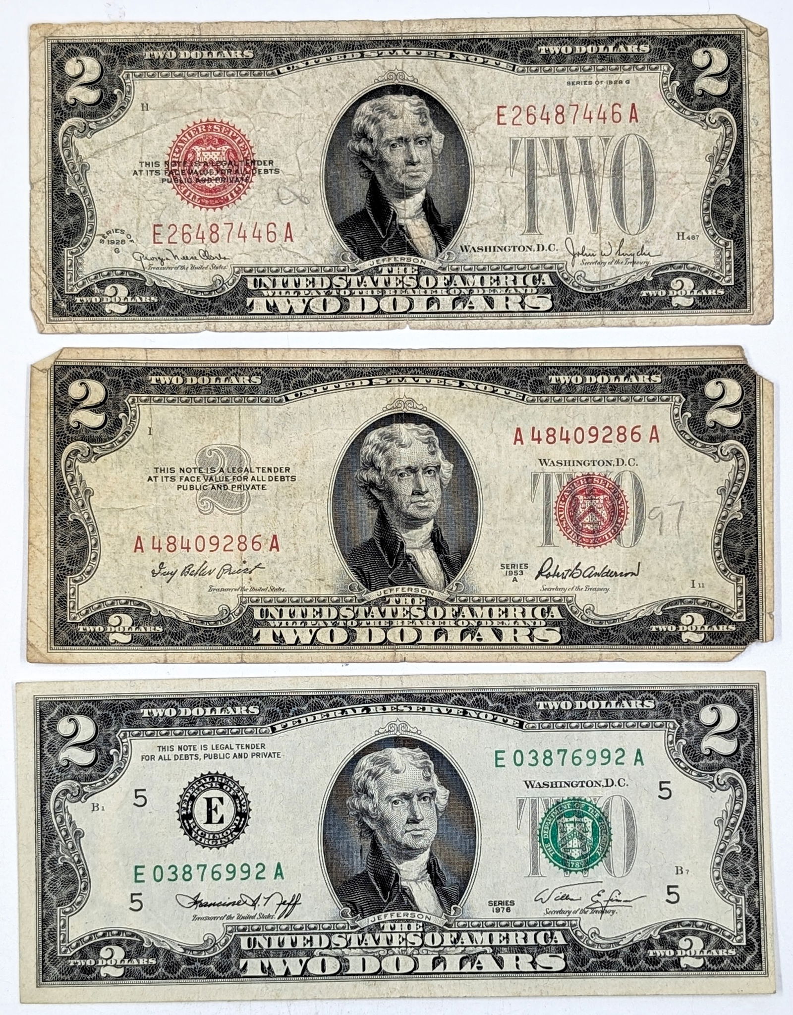 Lot of 3 $2 Notes - 1928-G, 1953-A Red Seals, 1976 Green Seal (1 of 2)