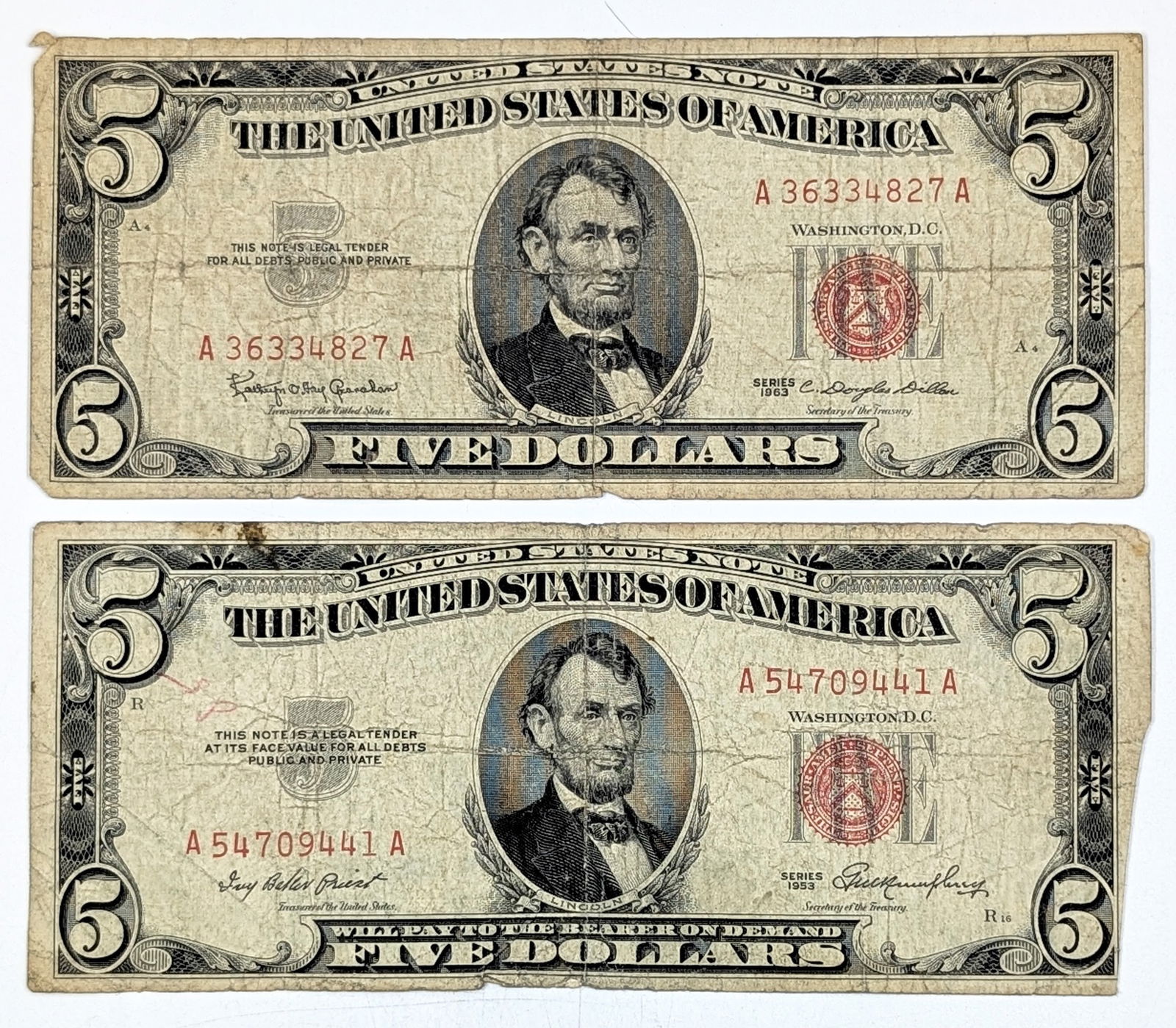 Lot of 2 $5 Notes - 1963, 1953 Red Seals (1 of 2)