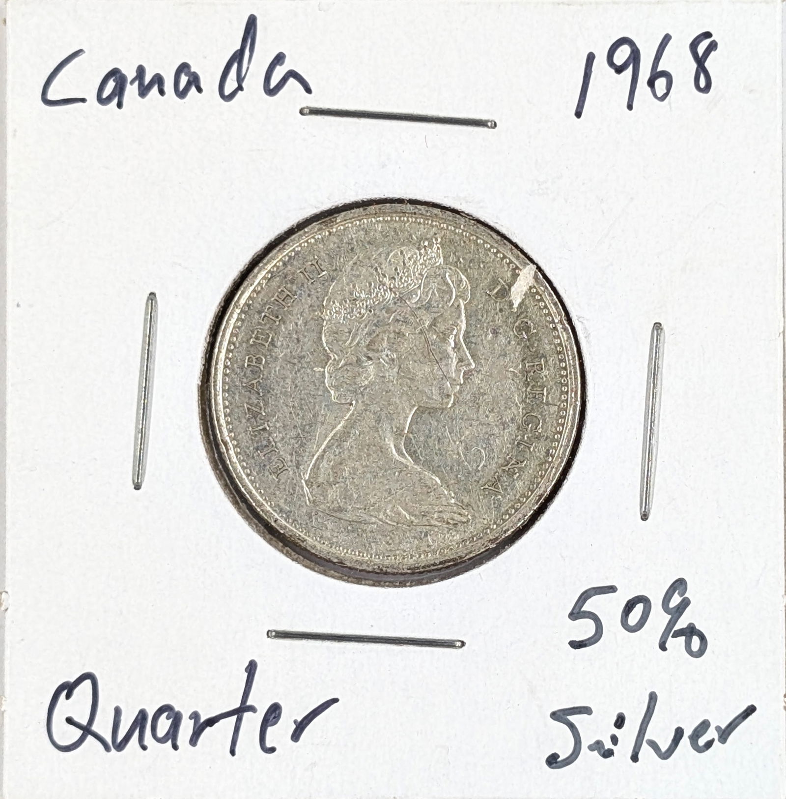 1968 Silver Canadian 25 Cent Coin- 50% Silver: _ 