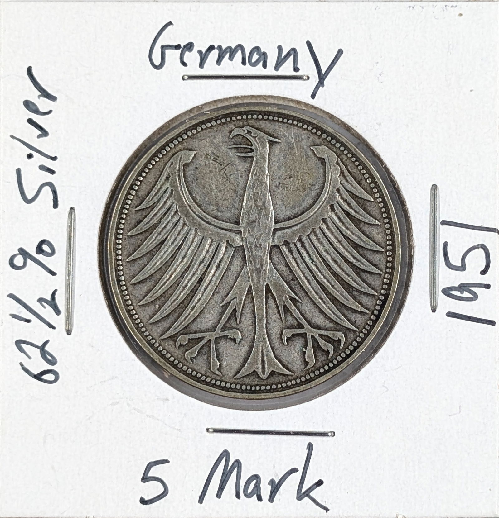 1951 Silver German 5 Mark Coin- 62.5% Silver: _ 