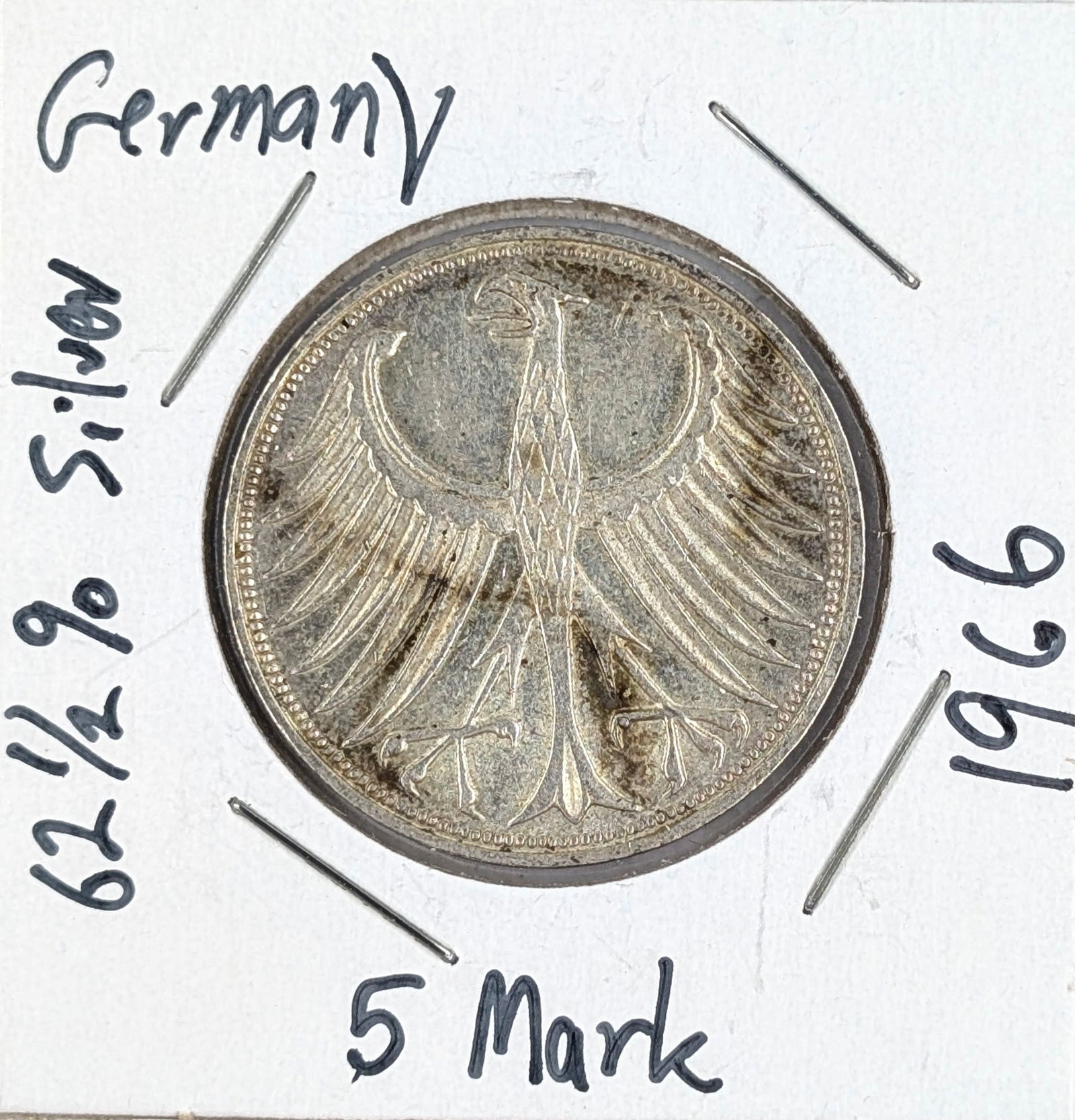 1966 Silver German 5 Mark Coin- 62.5% Silver: _ 