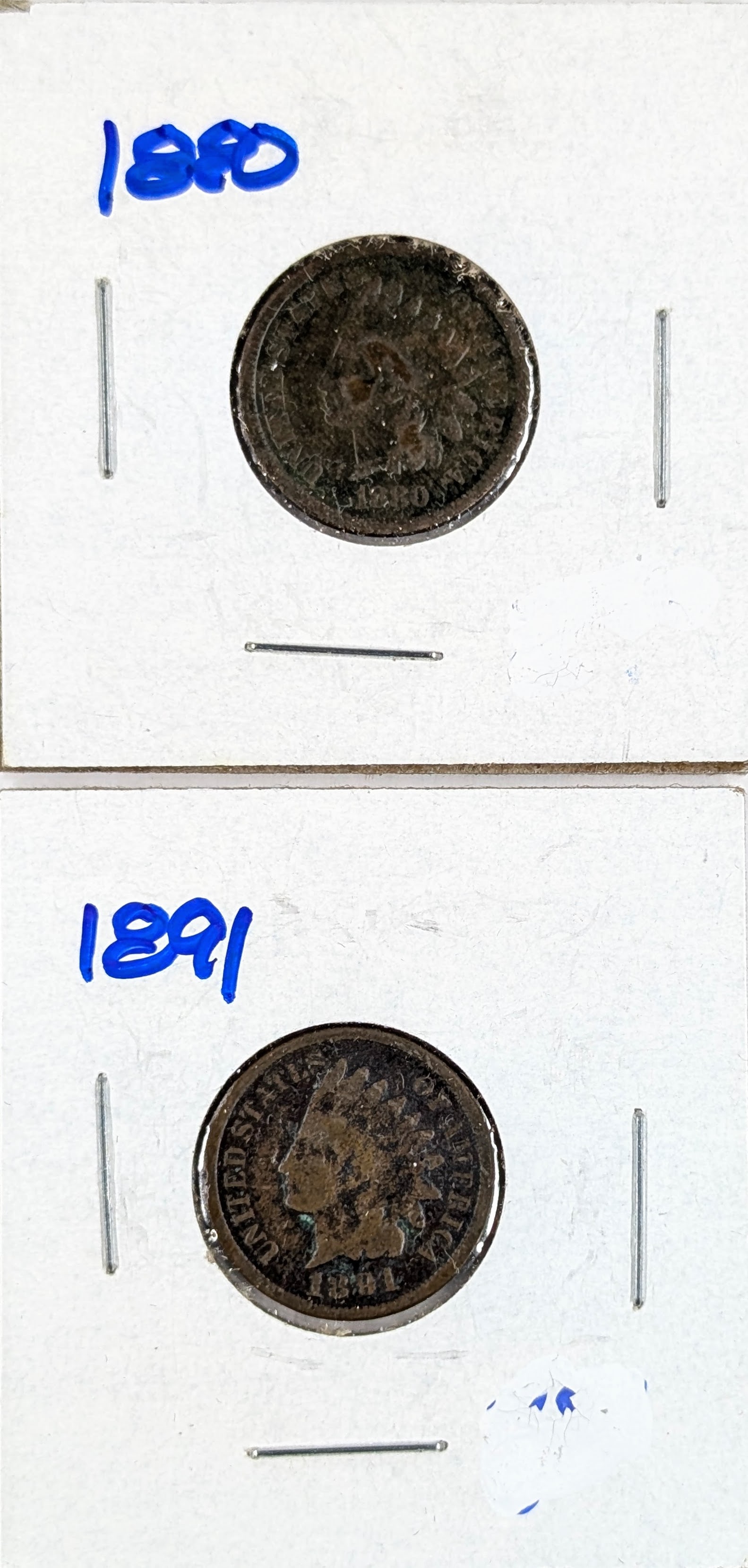 Lot of 2 Indian Head Cents- 1880, 1891: _ 