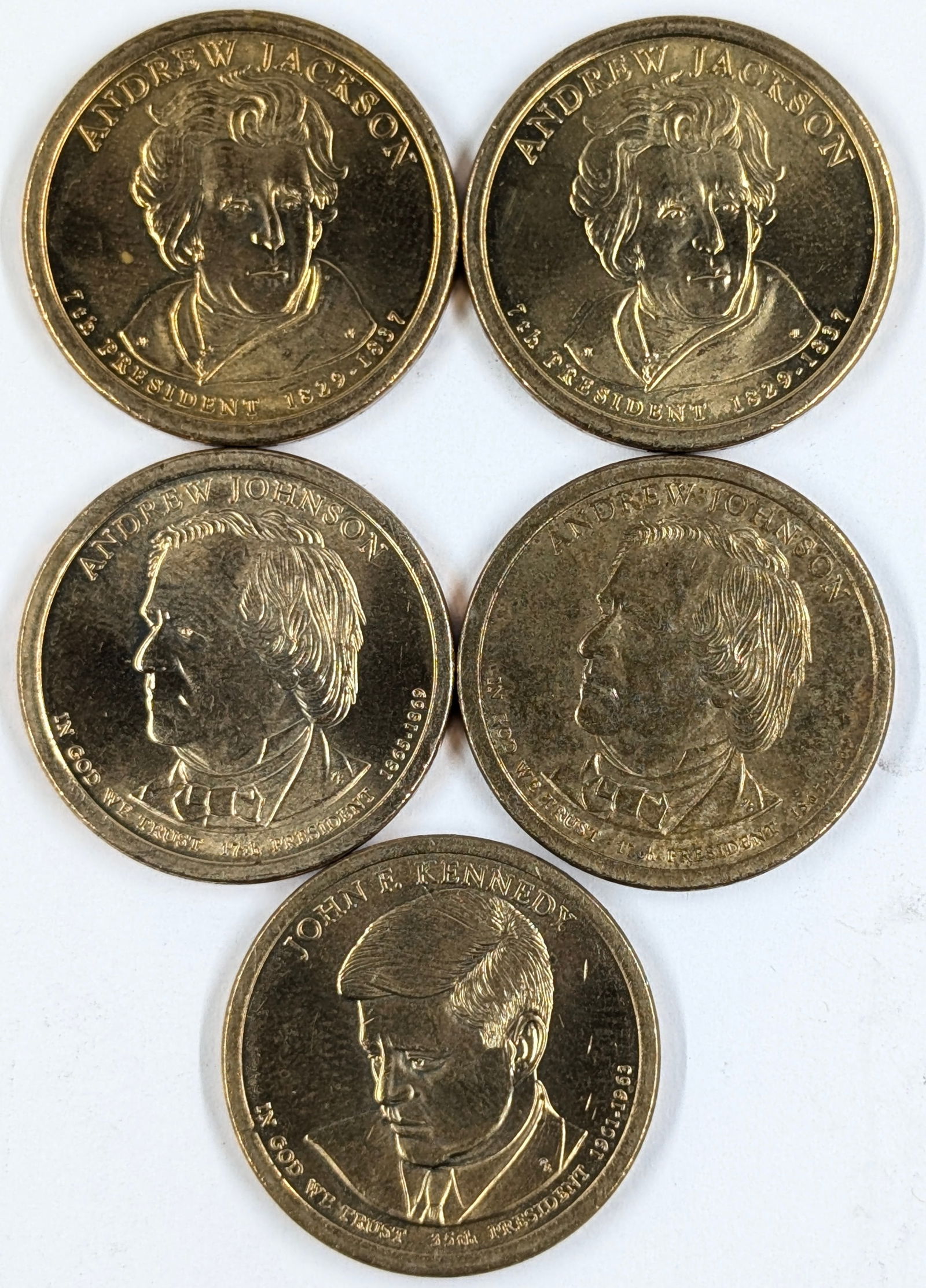 Lot of 5 Presidential Dollar Coins-Uncirculated Andrew Jackson,Andrew Johnson, John F. Kennedy (1 of 2)