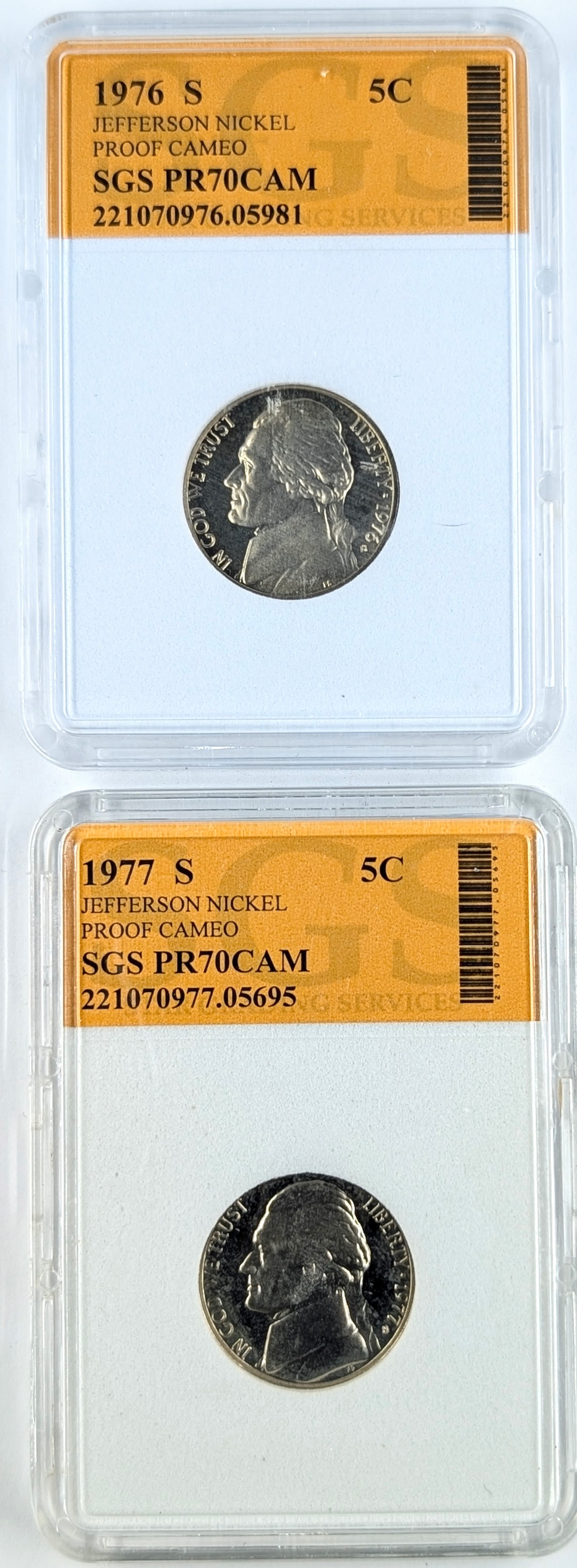 Lot of 2 SGS PR70 Jefferson Nickels- 1976-S, 1977-S: _ 