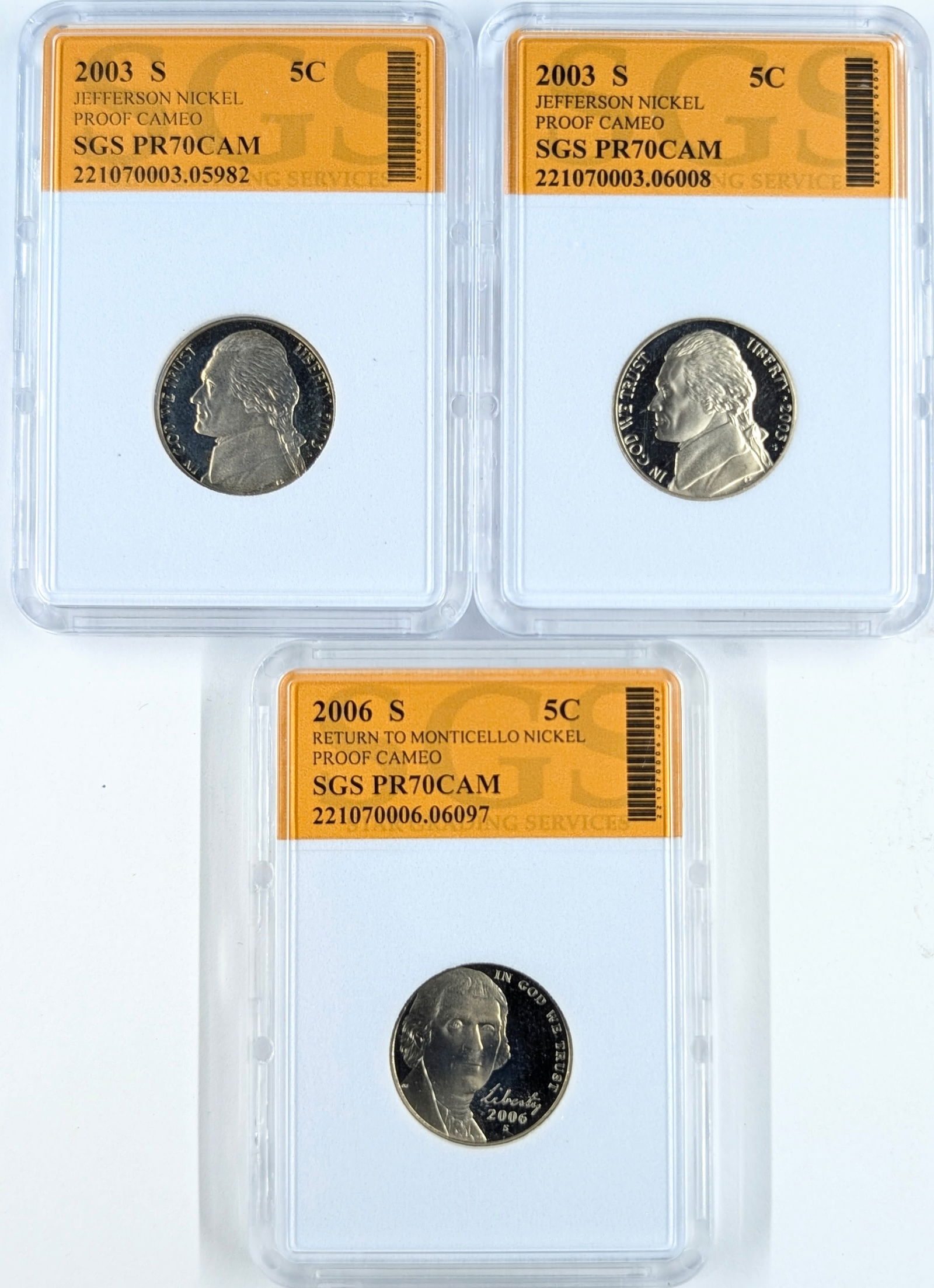 Lot of 3 SGS PR70 Jefferson Nickels- 2003-S, 2003-S, 2006-S: _ 