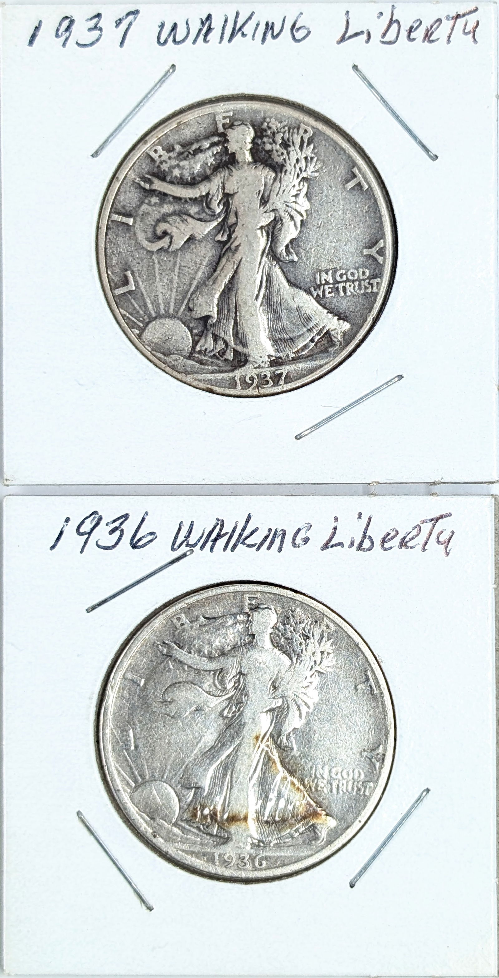 Lot of 2 Silver Walking Liberty Half Dollars - 1936, 1937: _