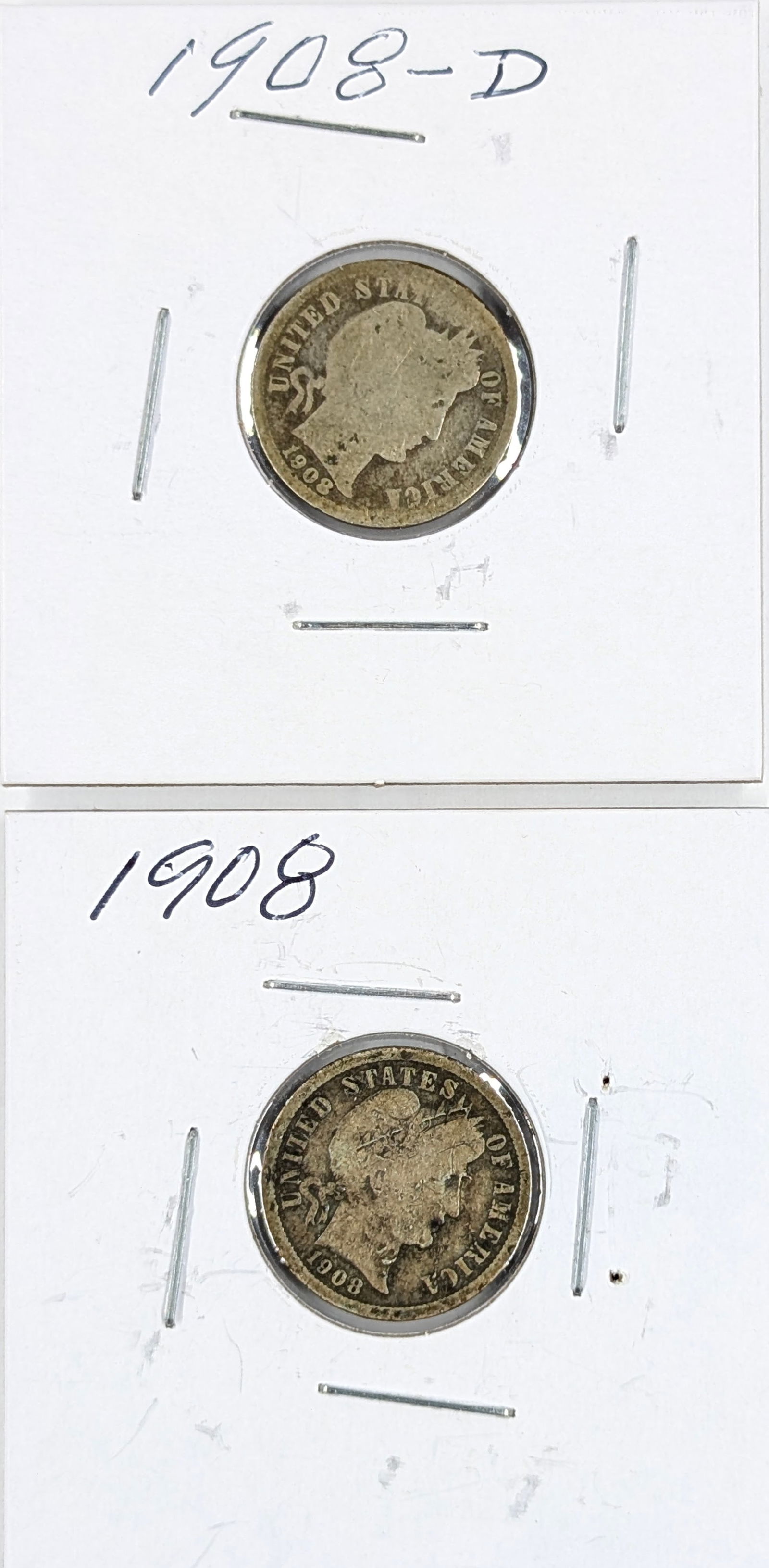 Lot of 2 Silver Barber Dimes - 1908 P/D (1 of 2)