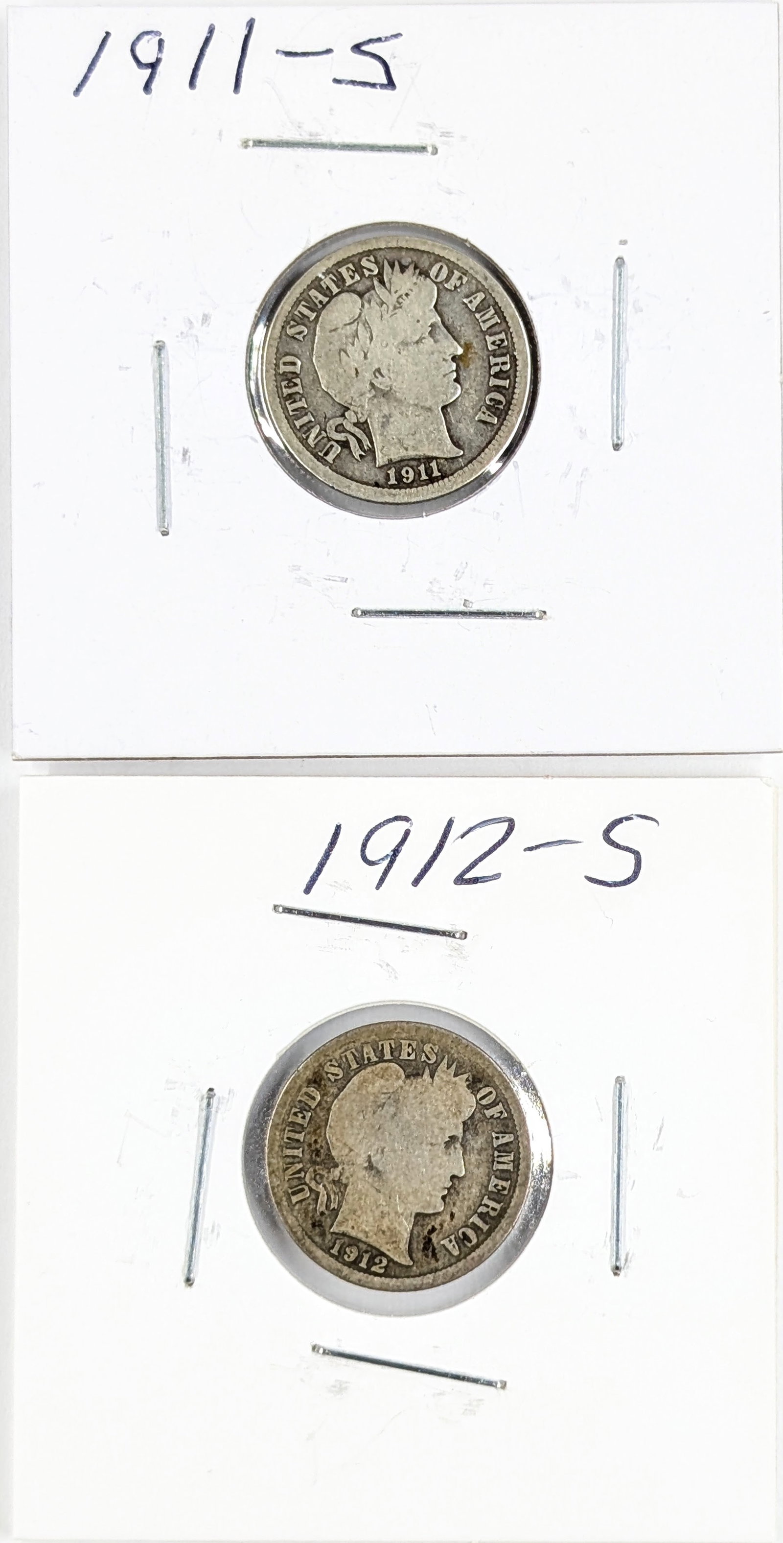 Lot of 2 Silver Barber Dimes - 1911-S, 1912-S: _