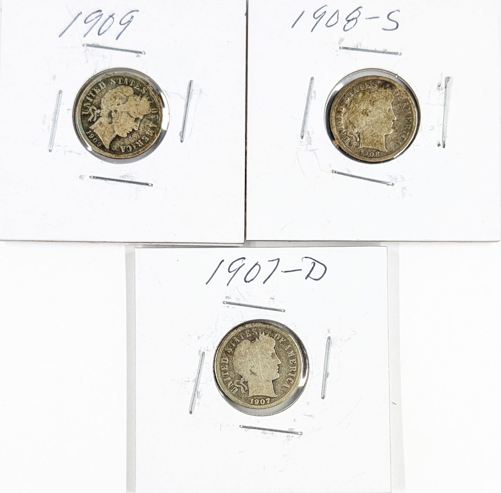 Lot of 3 Silver Barber Dimes - 1907-D, 1908-S, 1909 (1 of 2)