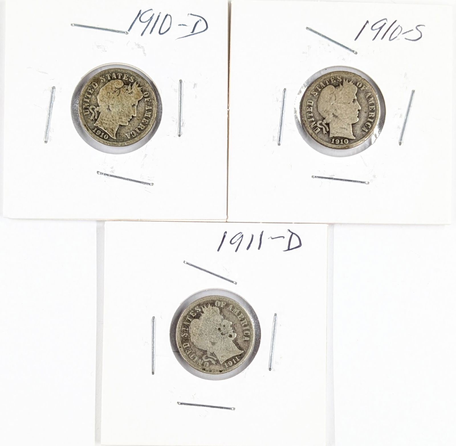 Lot of 3 Silver Barber Dimes - 1910 D/S, 1911-D (1 of 2)